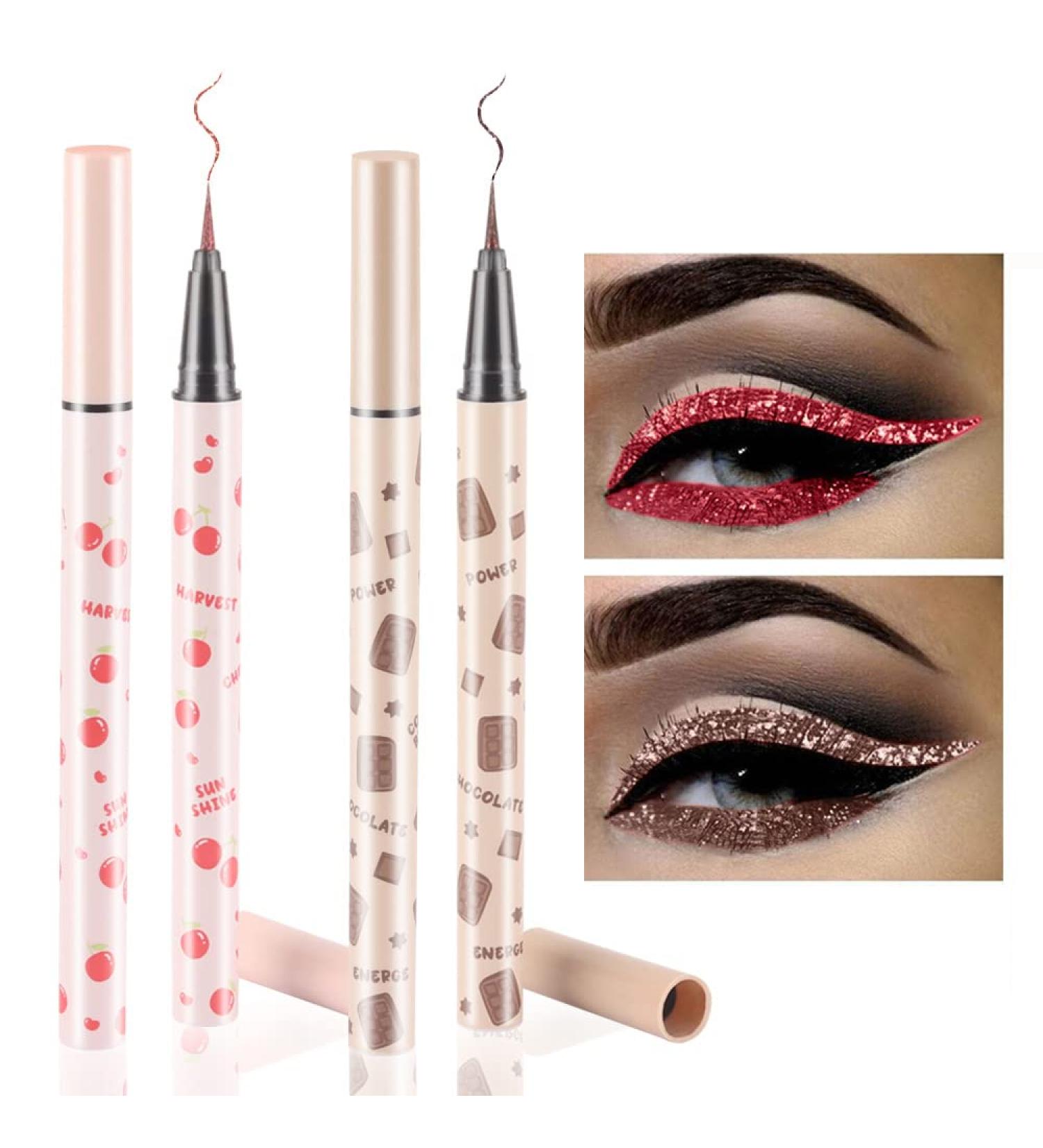 2Pcs Glitter Liquid Eyeliner Pen Set in Dark Red & Brown | Waterproof, Smudge Proof, Long Lasting | Metallic Satin Finish, High Pigmentation | Colorful Sparkle Eye Liner - 2 Count - Buy Online on SooperMarket.com