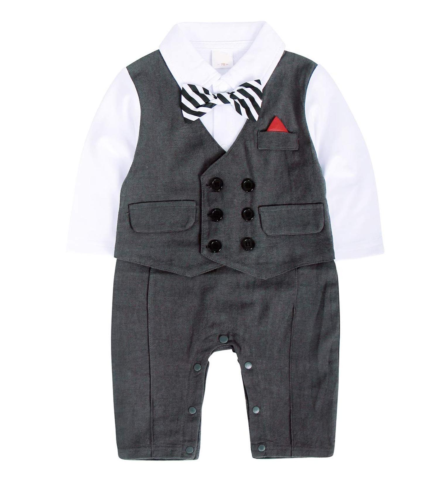 AmzBarley Baby Boys Gentlemans Outfit Suit | Long/Short Sleeve Dress Shirt Pants Vest Bowtie Tuxedo Rompers | Black | 12-18 Months - Buy Online on SooperMarket.com
