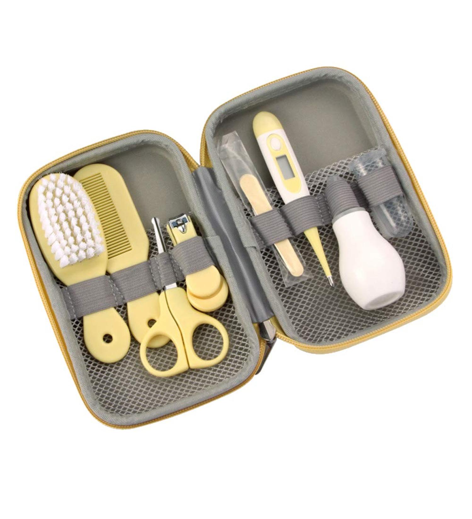 ZELINYE 8 in 1 Baby Grooming Kit - Hair Brush, Nail Clipper, Nose Cleaner, Finger Toothbrush, Nail Scissors - Manicure Set for Baby Care - Yellow - Buy Online on SooperMarket.com