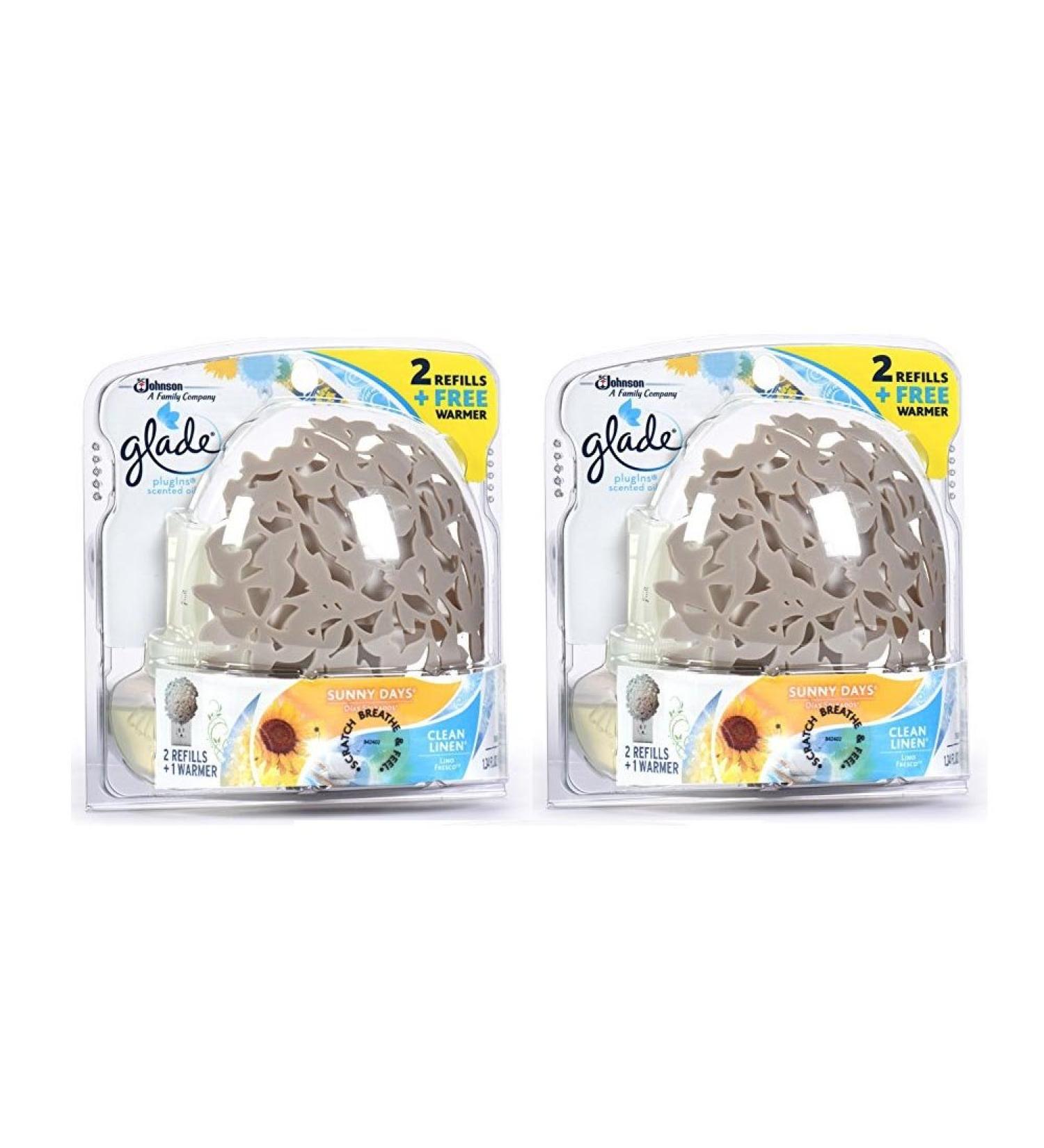 2 Glade Plugins Oil Sunny Days & Clean Linen Warmer Starter Kit 2 Refills each