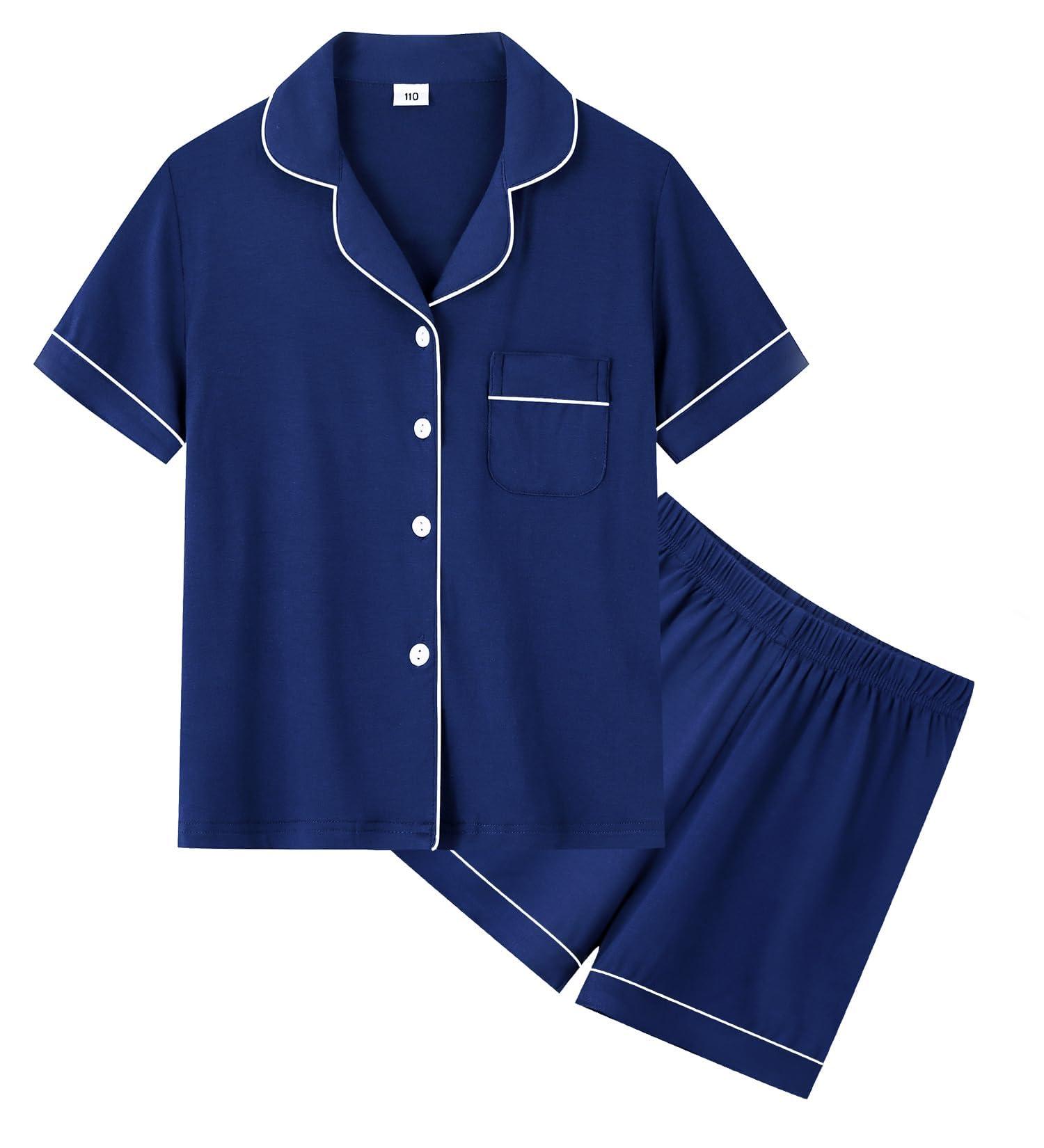 SWOMOG Unisex Kids Modal Pyjamas Set | Button-Down Short Sleeve PJs | 6-7 Years | Navy Blue - Buy Online on SooperMarket.com