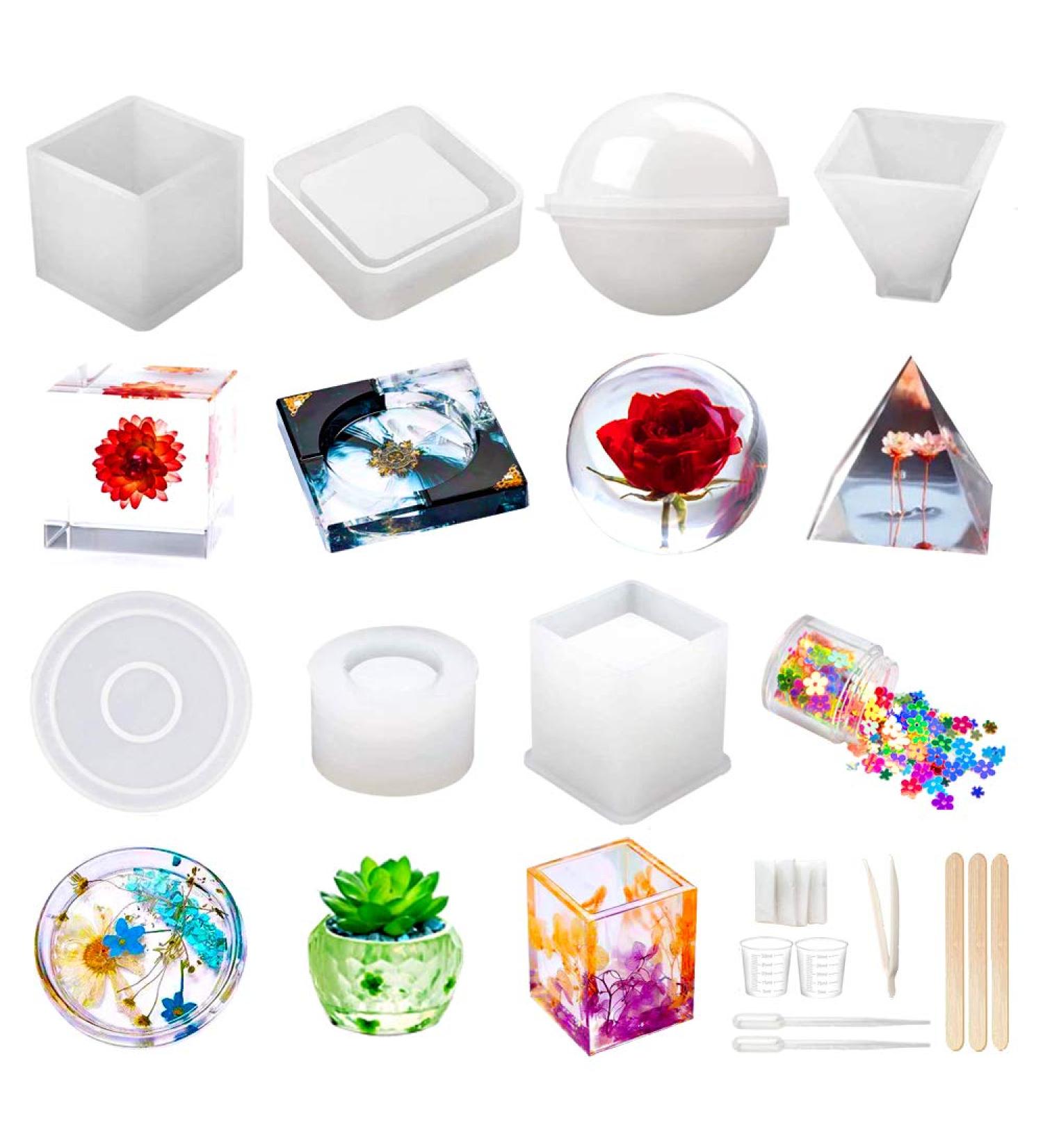 Sculpting Kit: 20Pcs Resin Molds for DIY Art - Sphere, Cube, Pyramid, Square, Round Shapes for Ashtrays, Coasters, Candles - Bonus Sequins & Tools - White - Buy Online on SooperMarket.com
