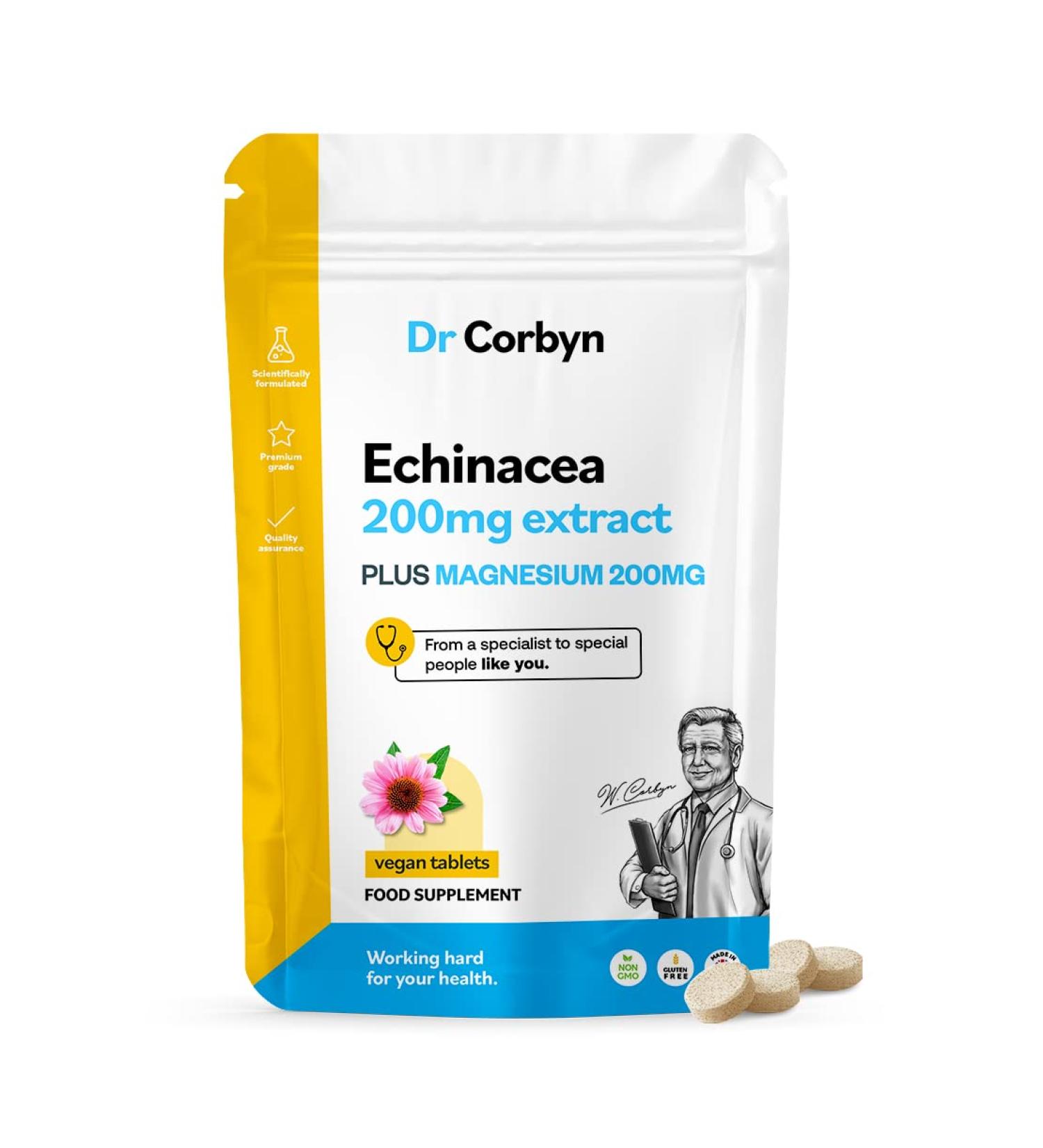 Dr Corbyn Echinacea 200mg + Magnesium 200mg Tablets - High Strength Supplement | Vegan & UK Made - 60 Count - Buy Online on SooperMarket.com