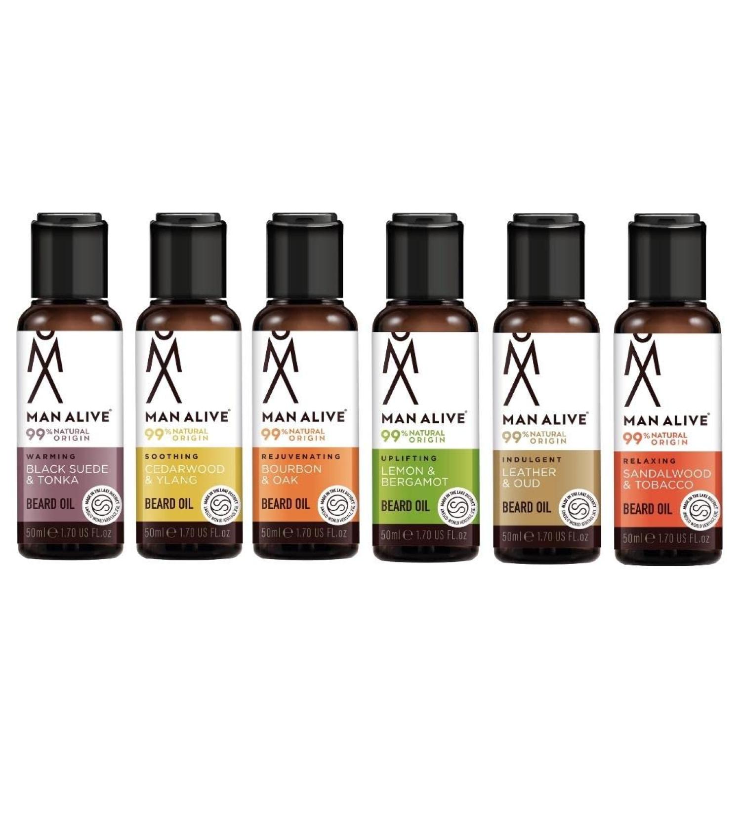 Beard Oil for men by Man Alive 99% Natural skincare 50ml with Oatmeal Argan Oil Jojoba Oil & Almond Oil gifts for men softens facial hair mens gifts birthday gifts for him (6 Scents)