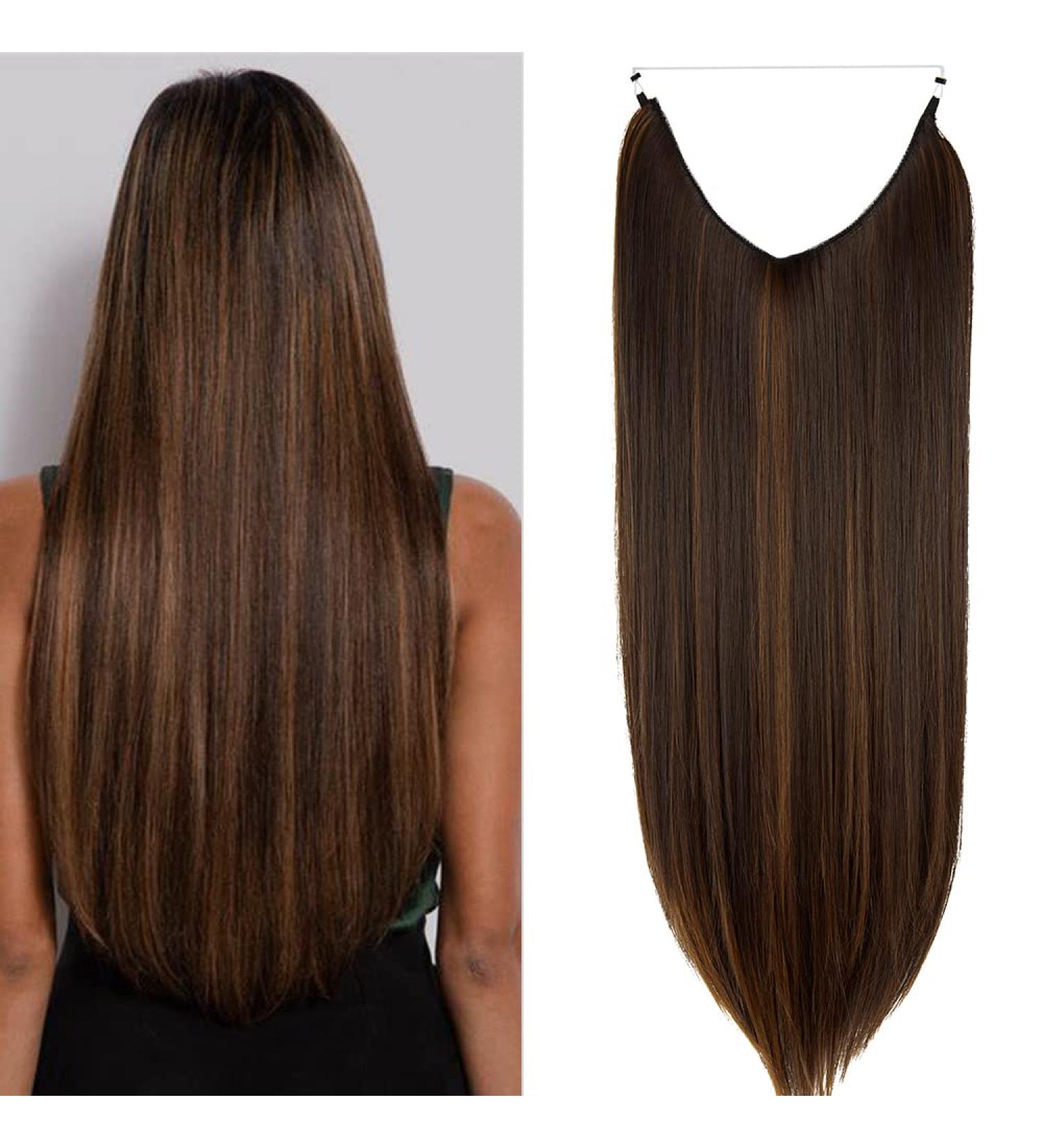 Halo Long Synthetic Hair Extensions Invisible Wire Headband 22 Inch Straight 4.4 Oz - Heat Resistant Fiber - No Clip - Dark Brown Mix Light Auburn - Buy Online on SooperMarket.com
