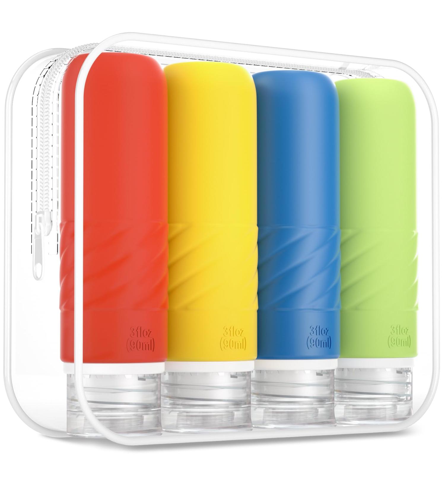 Gemice Travel Bottles for Toiletries CAA Approved 90ml Silicone Travel Bottles Leak Proof Squeezable Travel Size Containers Travel Essentials for Lotion Soap Liquid Shampoo BPA Free(4 Pack) Vibrant - Buy Online on SooperMarket.com