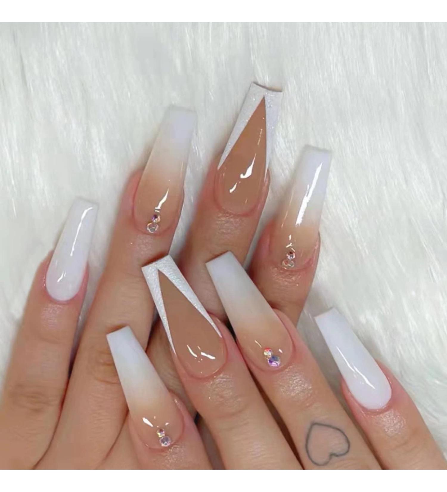 French Tips Rhinestone Gradient Press-on Nails by RUNRAYAY - Full Cover Coffin Shape Fake Nails for Women - Acrylic Stick-on Nail Set for Spring/Summer - Buy Online on SooperMarket.com