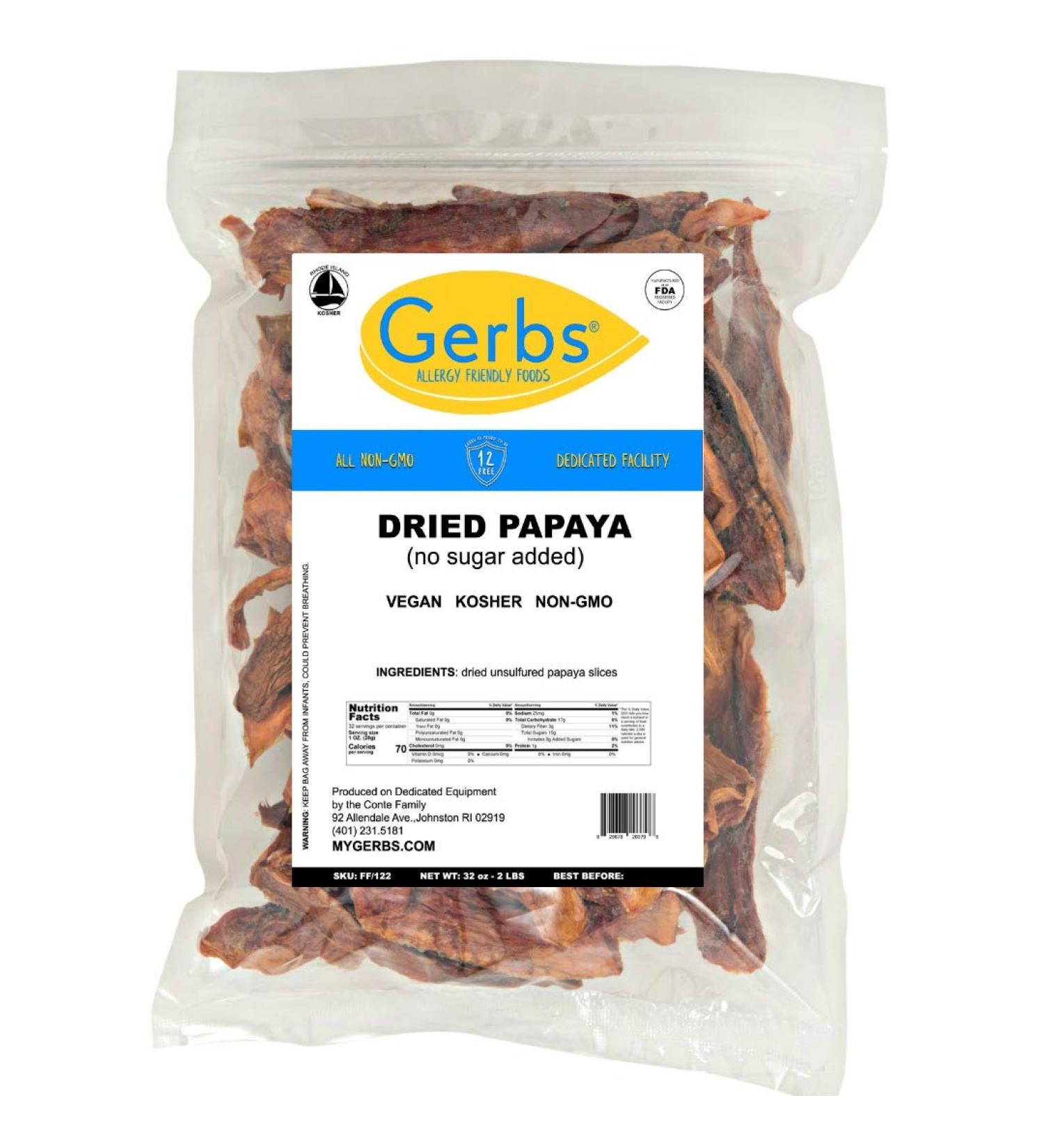 GERBS Unsweetened Dried Papaya Slices 2 LBS - Resealable Bag, Allergy Safe, Improve Vision & Energy, Reduce Stress - Gluten & Peanut Free - Buy Online on SooperMarket.com