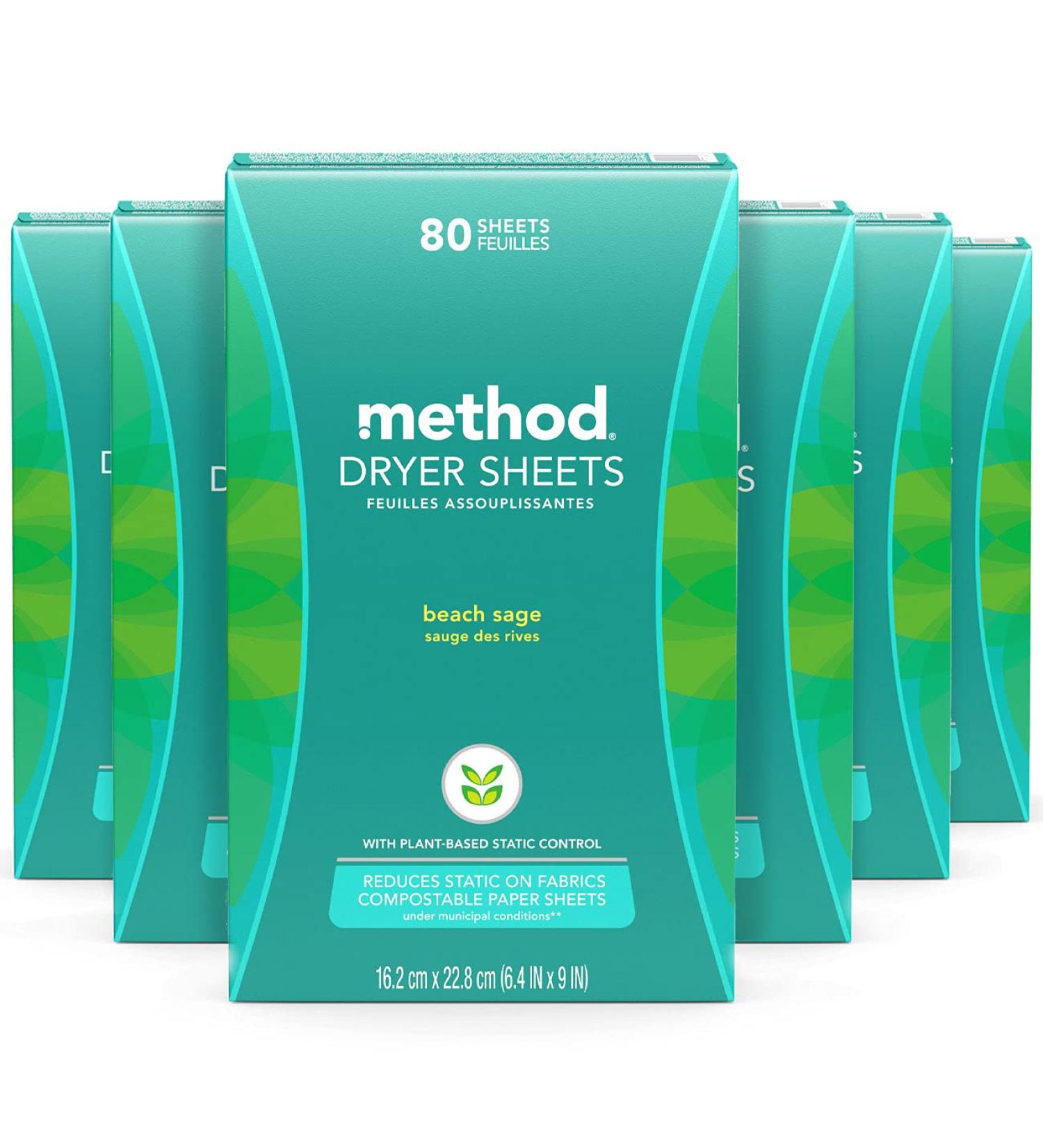Method Dryer Sheets Beach Sage Fabric Softener and Static Reducer - 80 Count (Pack of 6) | Compostable, Plant-Based Laundry Essentials - Buy Online on SooperMarket.com