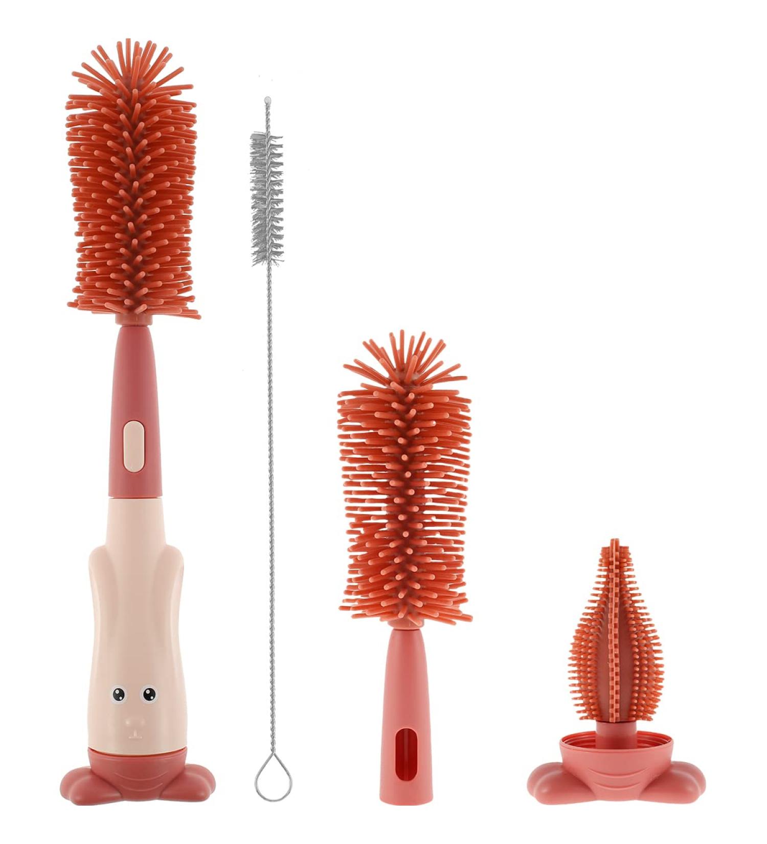 3 in 1 Baby Bottle Brush Set with Lone Handle, Silicone Cleaning Brush with Stand - Portable Teat, Straw, Nipples Cleaner for Bottles, Cups, Thermoses (Red) - Buy Online on SooperMarket.com