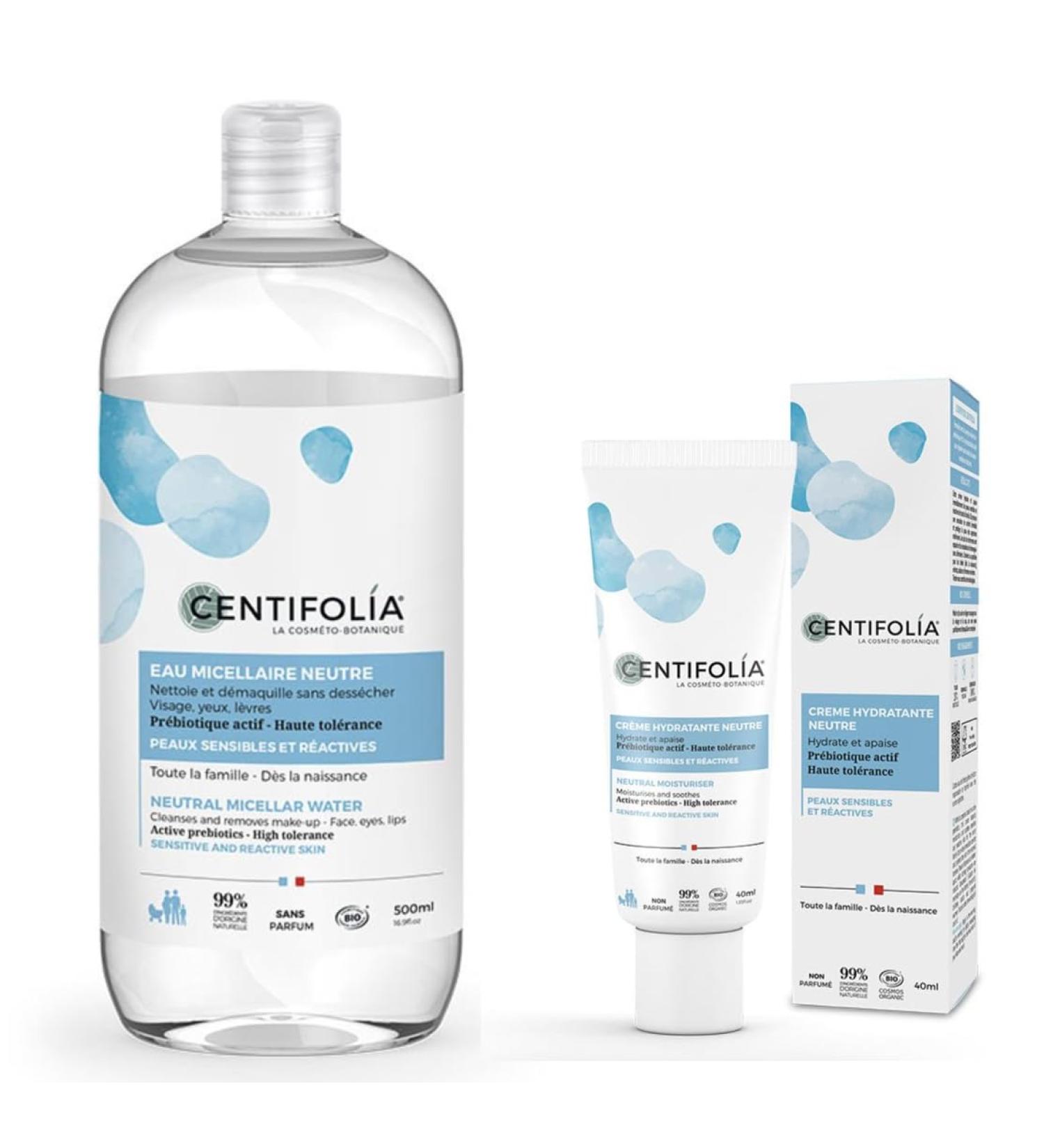 CENTIFOLIA | Neutral Micellar Water 500ml + Neutral Moisturizing Cream 40ml | Perfectly removes makeup | Immediately soothes sensitive skin | Unscented | Made in France | Organic & Vegan - Buy Online on SooperMarket.com