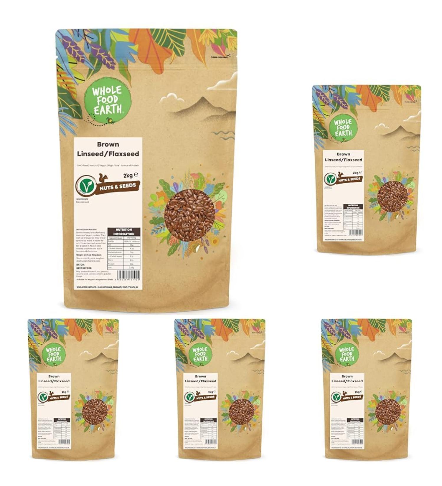 Wholefood Earth Brown Linseed/Flaxseed 2 kg | GMO Free | Natural | High Fibre | Source of Protein (Pack of 5) - Buy Online on SooperMarket.com