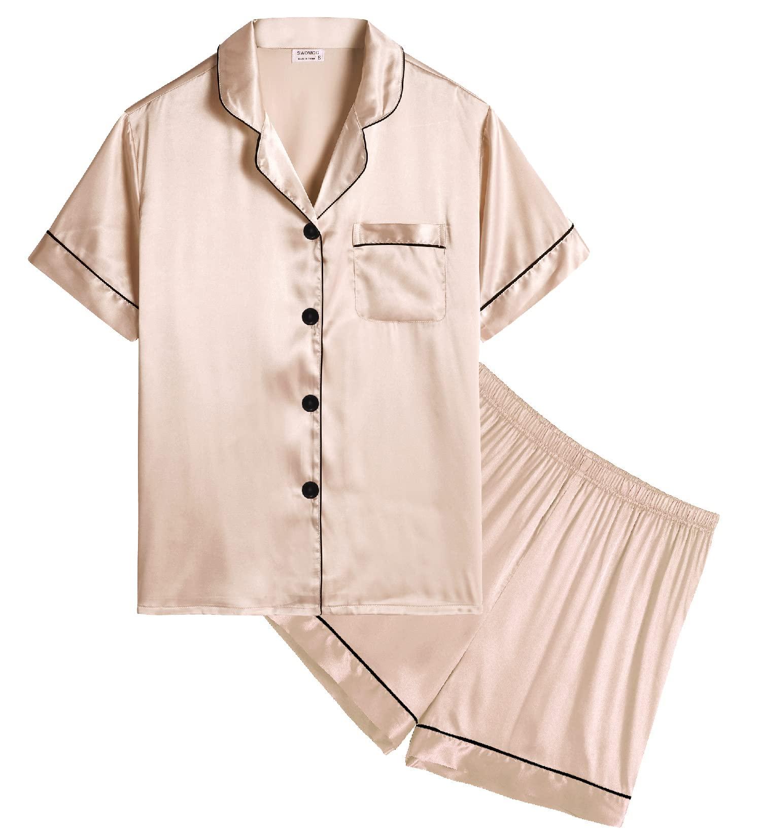 SWOMOG Kids Silk Pyjamas Set Short Sleeve Button-Down Nightwear Teens Sleepwear 10-11 Years Champagne - Buy Online on SooperMarket.com