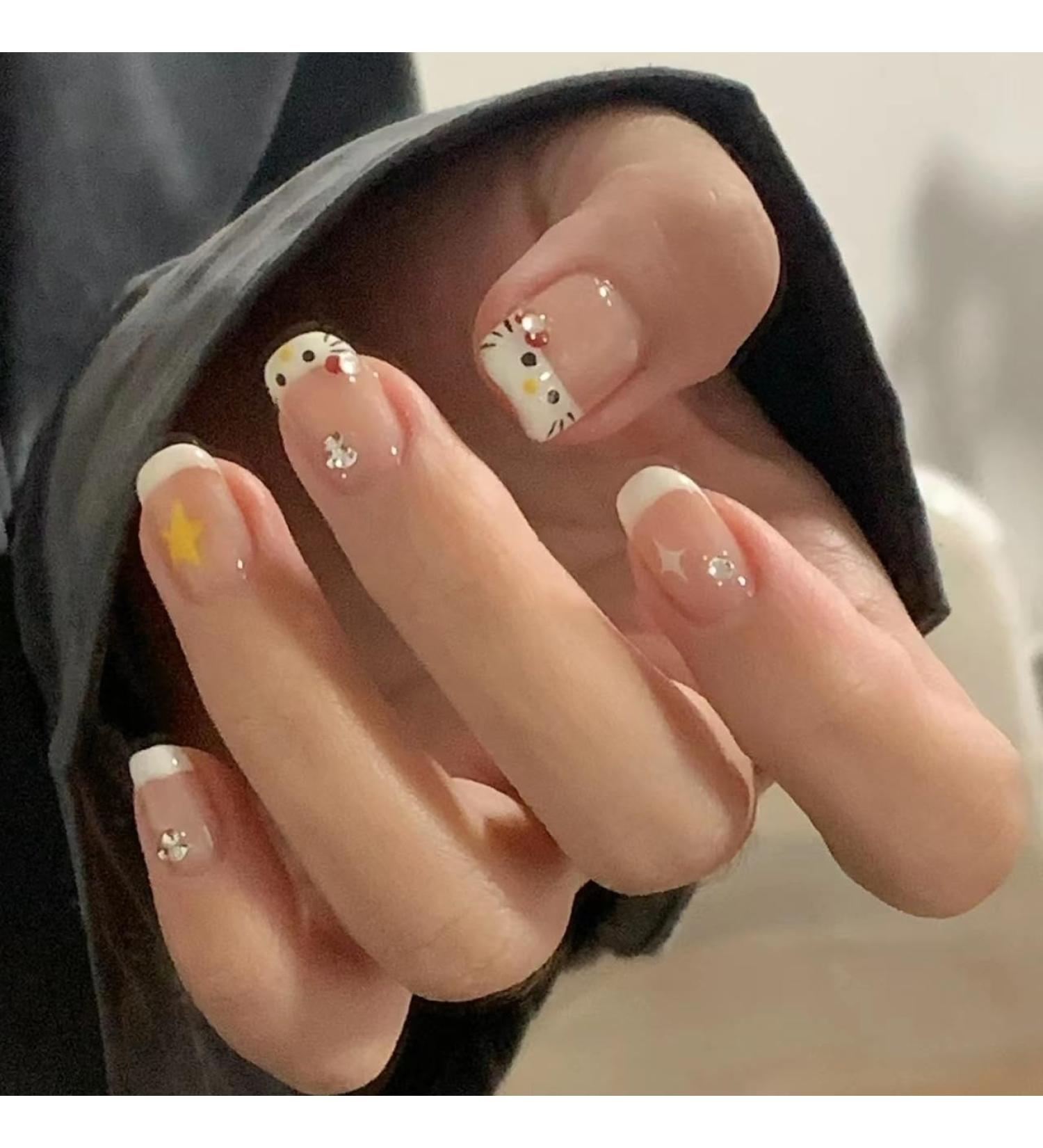 Cute False Nails French White Kitty Stick on Nails 24pcs Short Square Press On Nails with Glue Kitty Design Sweet Fake Nails for Kids Women Girls Maggidea Press On Nail (French Kitty) - Buy Online on SooperMarket.com