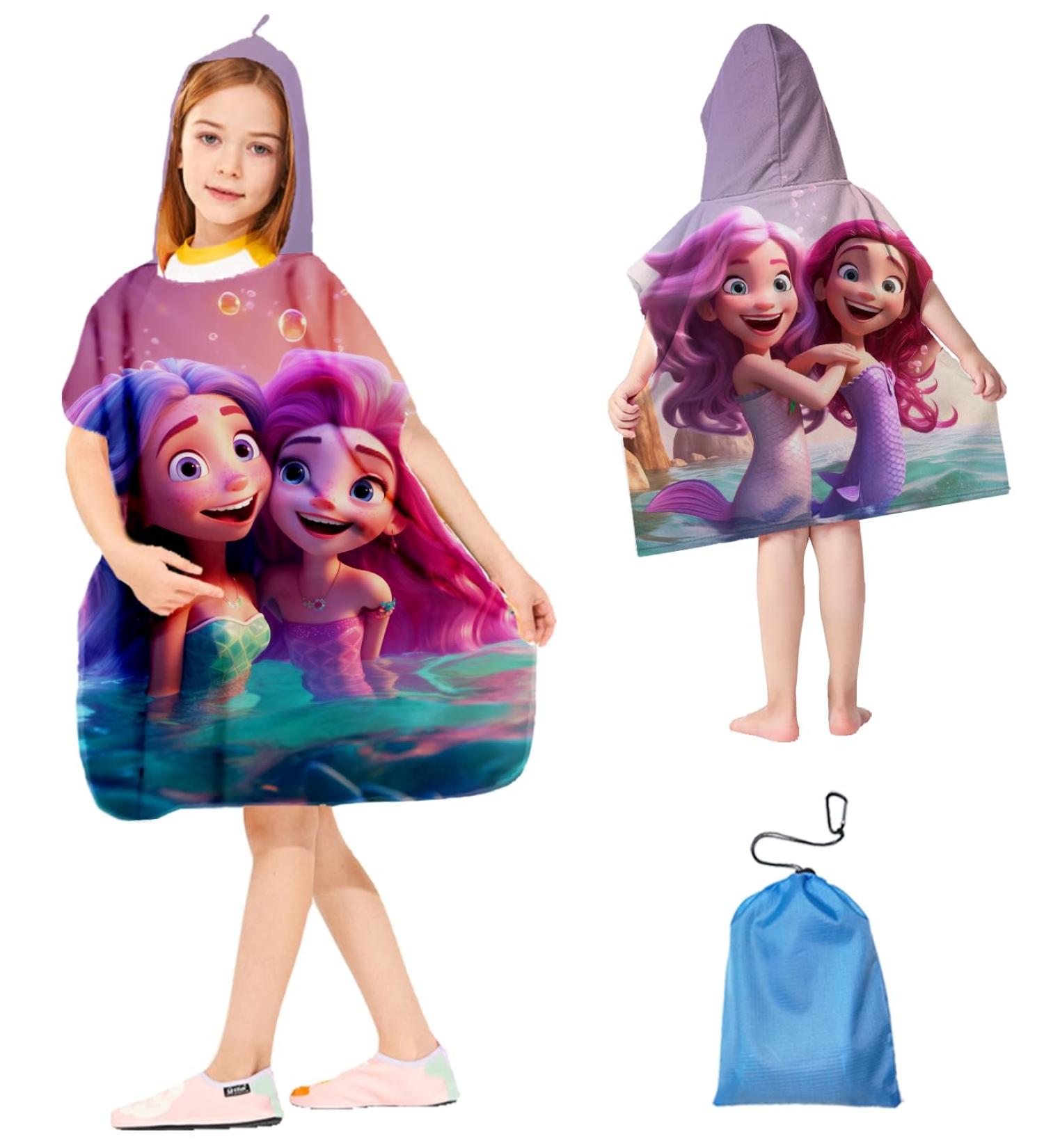 Super Soft Microfiber Bathing Poncho for Kids - Hooded Towel with Mermaid Pattern (76x76cm) for Ages 5-10 - Buy Online on SooperMarket.com
