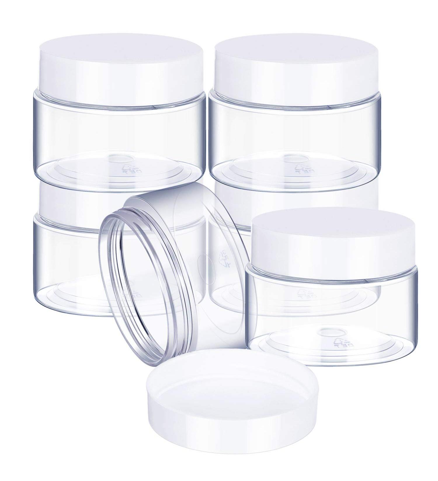 6 Pack 2 oz Clear Plastic Pot Jars with White Lids - Leak Proof Cosmetic Containers for Travel Storage - Ideal for Makeup, Eye Shadow, Nails, Powder, Paint, Jewelry - 2 Ounce Size - Buy Online on SooperMarket.com