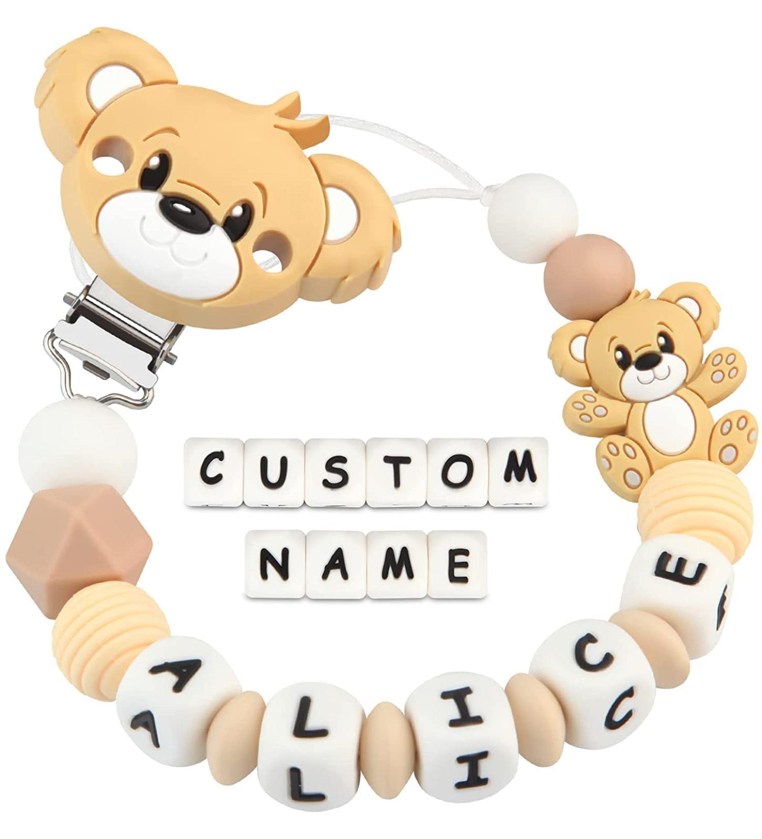 Kowlone Pacifier Chain with Name Boys Girls Personalized Teddy Bear Pacifier Clips Holder (Brown) A: Teddy Bear Brown