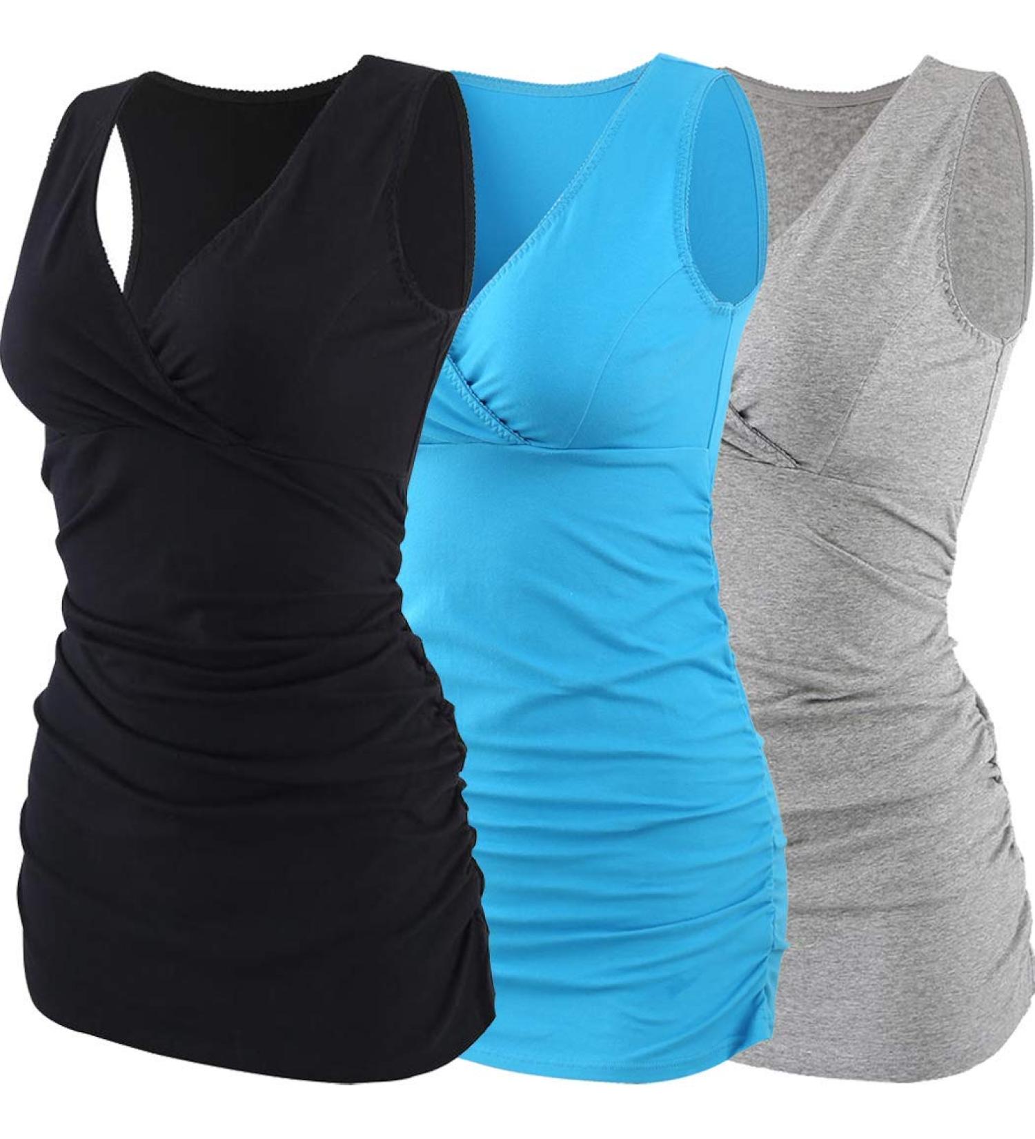 ZUMIY Maternity Nursing Top - Women's Cotton V-Neck Ruched Waist Double Layered Tank - Black/Grey/Lake Blue 3-Pack - Buy Online on SooperMarket.com