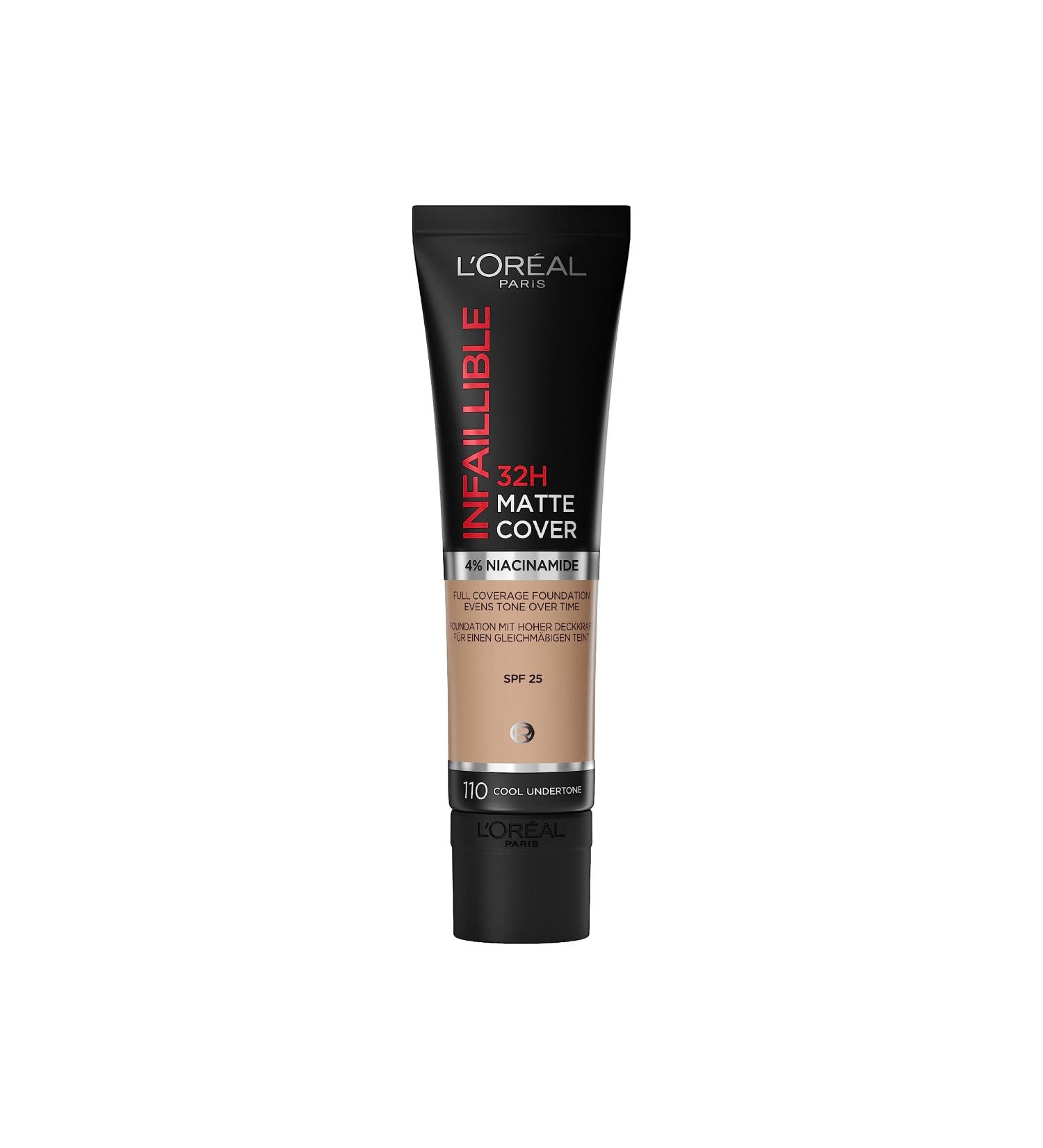 L'Oreal Paris Infallible 32H Matte Cover Liquid Foundation SPF 25 with Niacinamide | Shade 110 | 30ml - Buy Online on SooperMarket.com