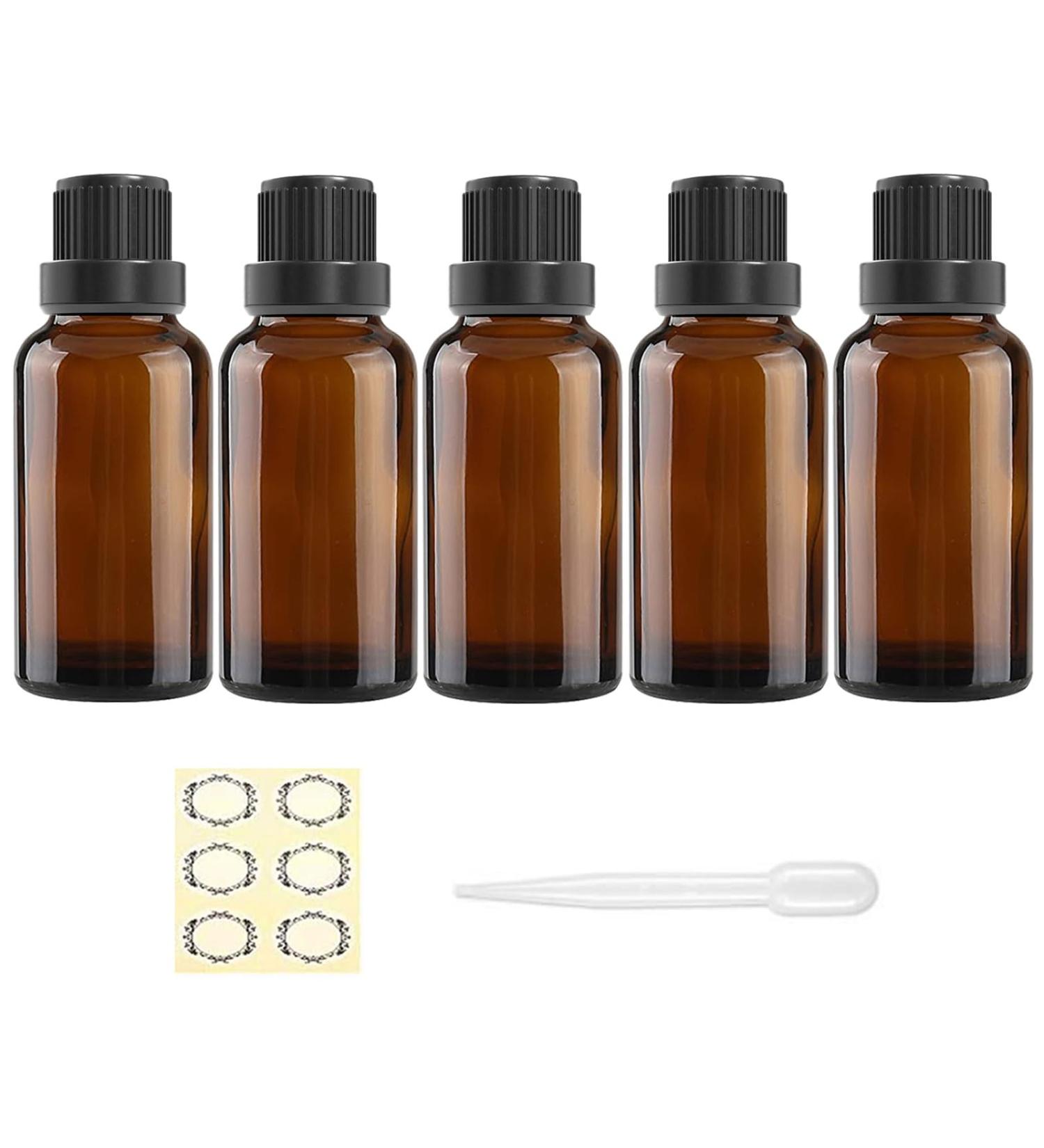 Alledomain 5Pcs 30ml Amber Glass Essential Oils Bottles with Black Cap/Dropper/Label Empty Bottle Refillable Sample Container for Massage oil/Aromatherapy/Perfume/Fragrance Oil 5pcs * 30ml - Buy Online on SooperMarket.com
