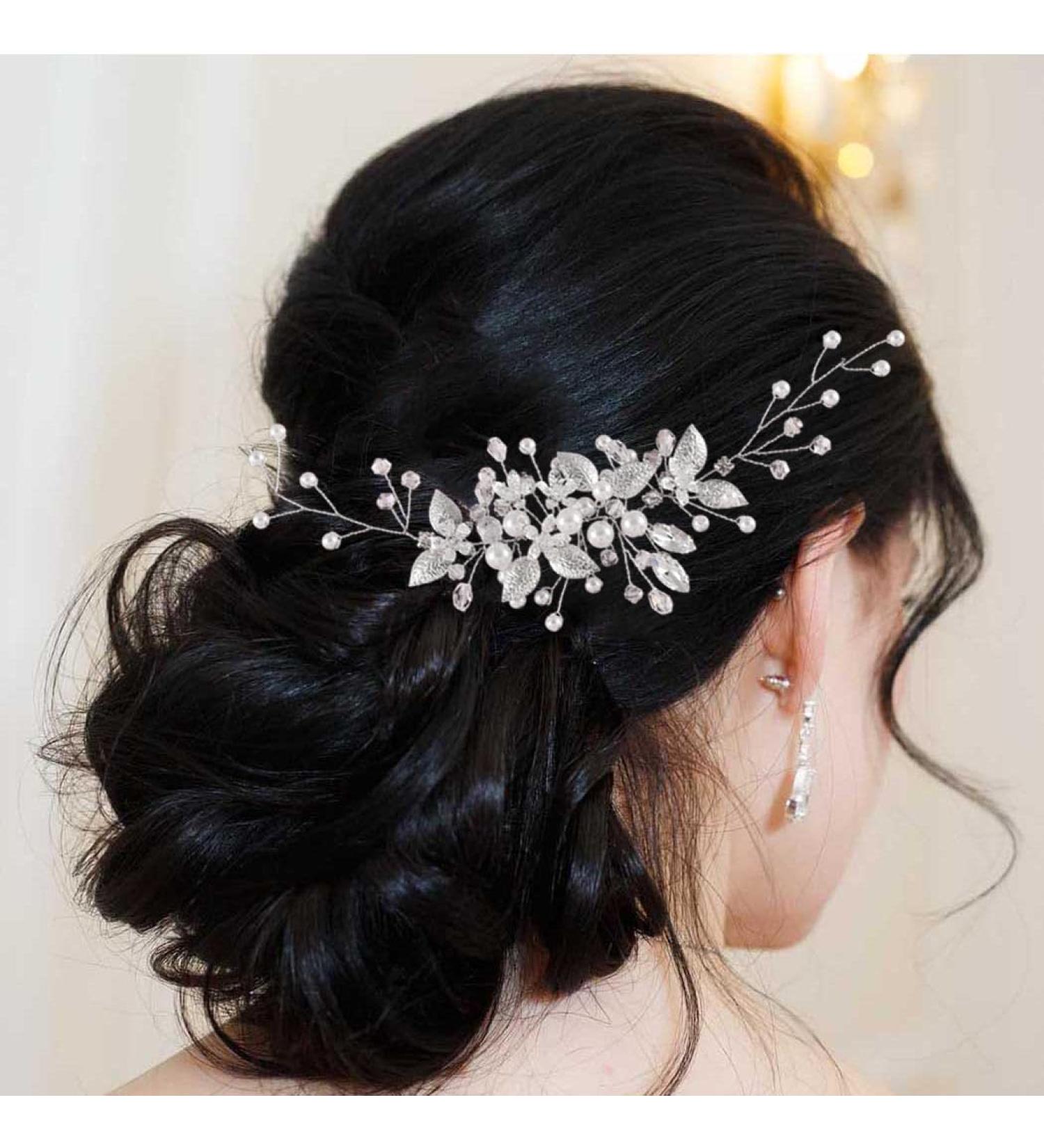 Handcess Leaves Bride Wedding Headband Silver Pearls Crystal Headpieces Rhinestone Bridal Hair Accessories for Bride and Bridesmaids - Buy Online on SooperMarket.com