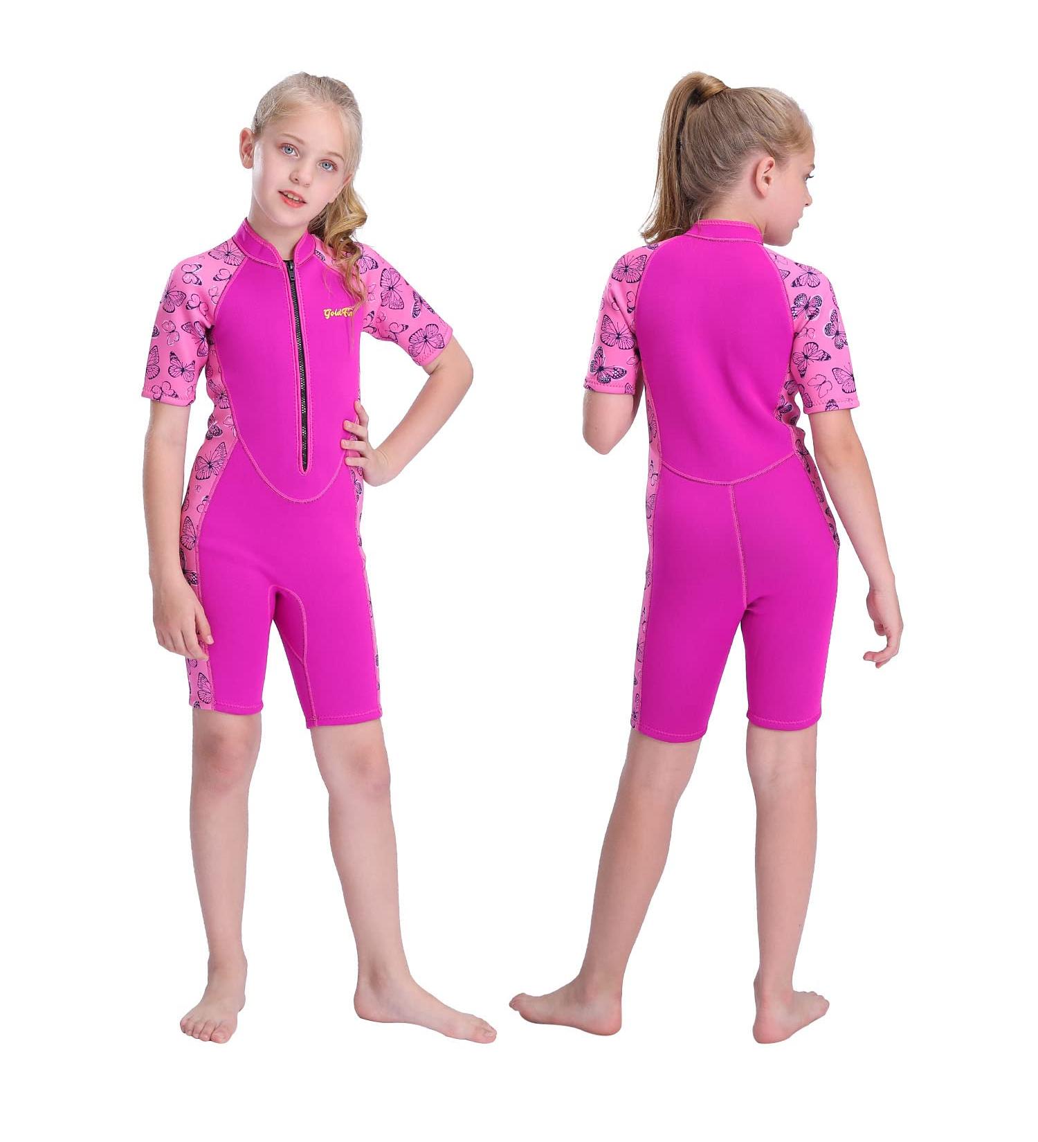 Goldfin Kids 2mm Toddler Shorty Wetsuit - Girls' Butterfly Design | Front Zip Neoprene Suit for Water Aerobics, Diving, Surfing, Swimming - Buy Online on SooperMarket.com
