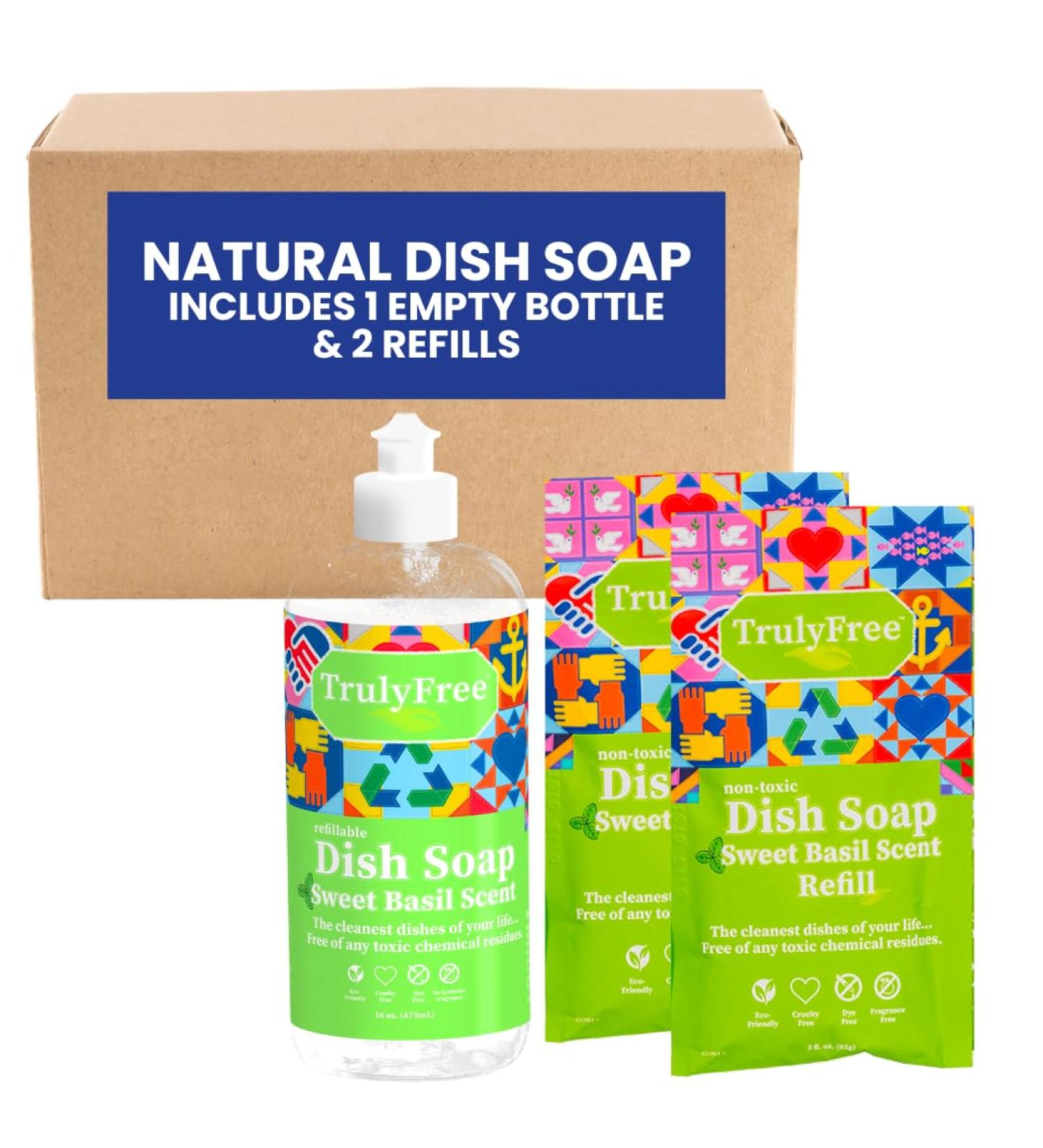 Truly Free Natural Dishwashing Liquid - Plant-Based Sweet Basil Dish Soap | 2 Refill Packs & 1 Refillable Bottle Starter Kit | Eco-Friendly International Shipping - Buy Online on SooperMarket.com