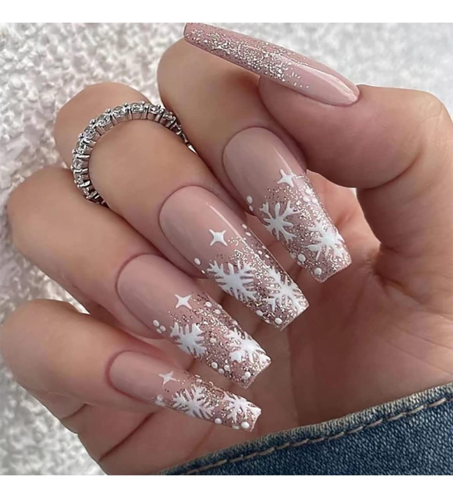 Vatocu Christmas False Nails - 24pcs Long Xmas Press on Nails with Snowflakes Glitter for Women and Girls - Buy Online on SooperMarket.com