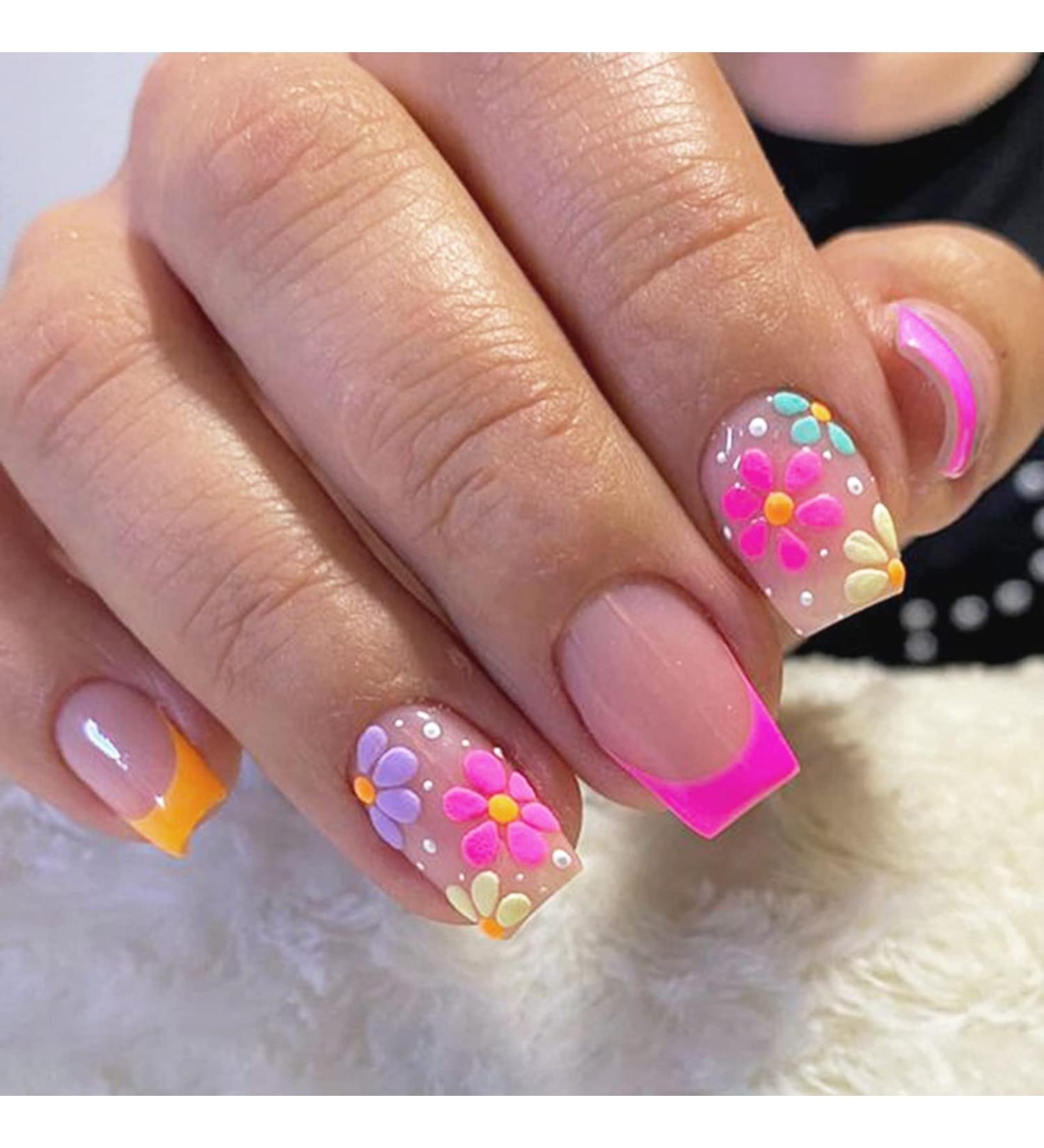 GORS 24 Pcs Colorful French Square Short Press on Nails - Acrylic Full Cover Coffin False Nails for Women - Multicolor 3D Flower Nail Art Decor - Buy Online on SooperMarket.com