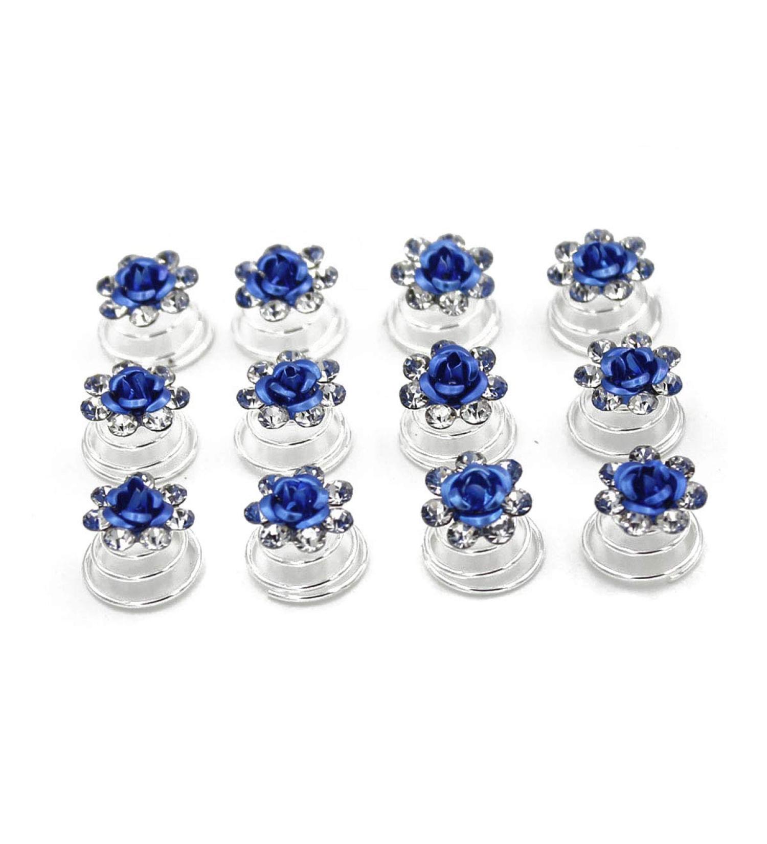 24 Pcs Bridal Wedding Rhinstone Spiral Twist Screw Hair Pins Rose Flower Hair Clips Spiral Bobby Pins Hair Bun Styling Tool Hair Accessories (Blue)