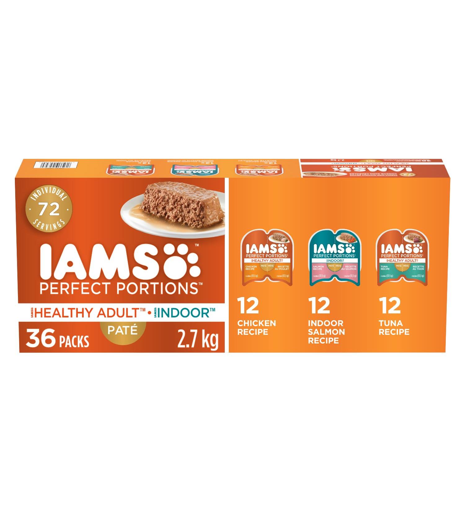 IAMS PERFECT PORTIONS Healthy Adult and Indoor Wet Cat Food Pat Chicken Tuna and Indoor Salmon (36) 75g Variety Pack - Buy Online on SooperMarket.com