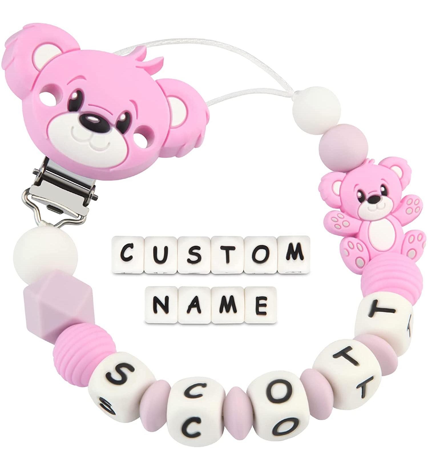 Kowlone pacifier chain with name boys girls personalized teddy bear pacifier clips holder (purple) A: Teddy Bear Purple