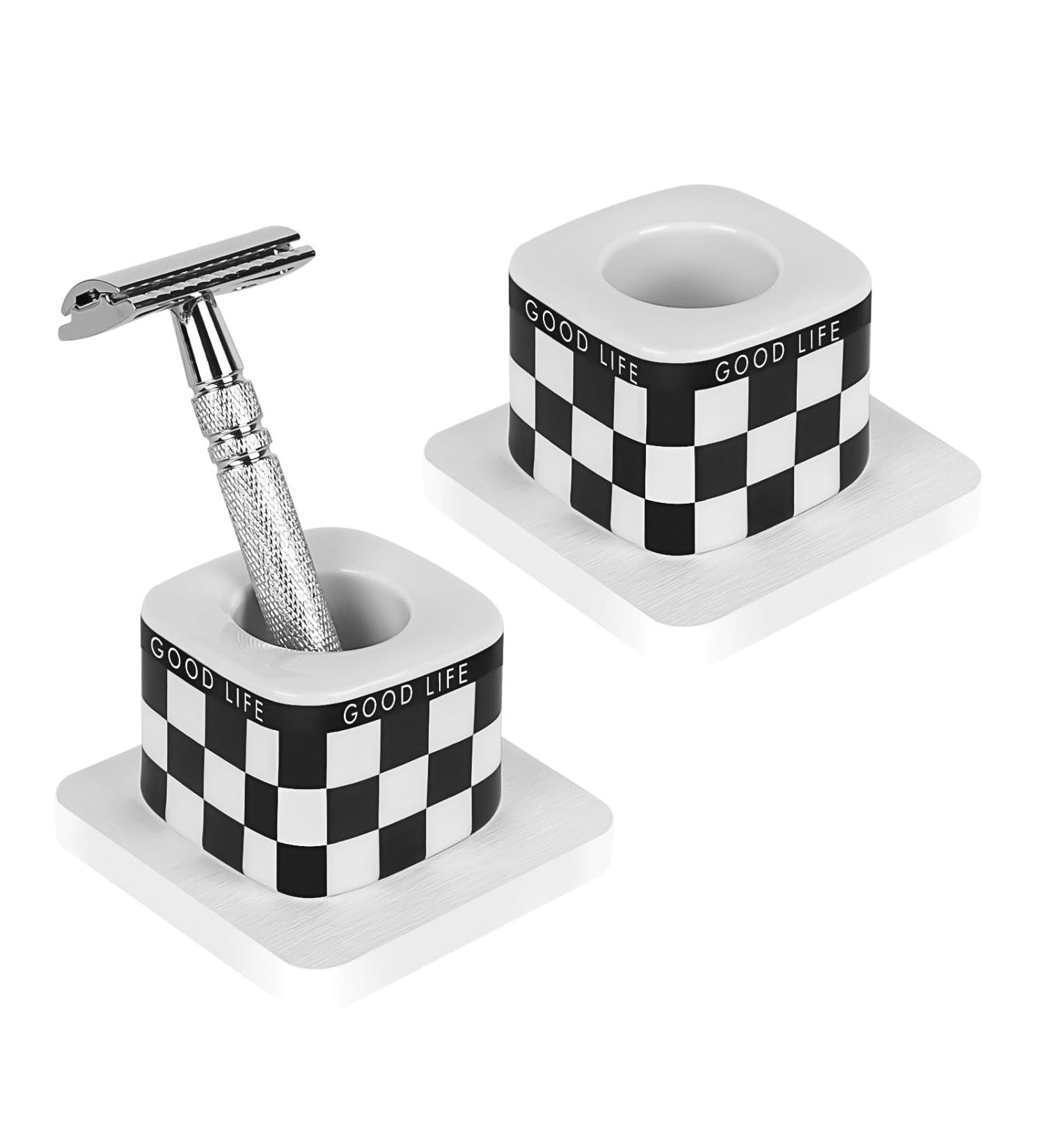 Linkida 2-Pack Ceramic Razor Plane Stand & Diatomite Mat | Men's Double Edge Safety Razor Holder | Compatible with Vikings & Merkur - Black & White Checked - Buy Online on SooperMarket.com