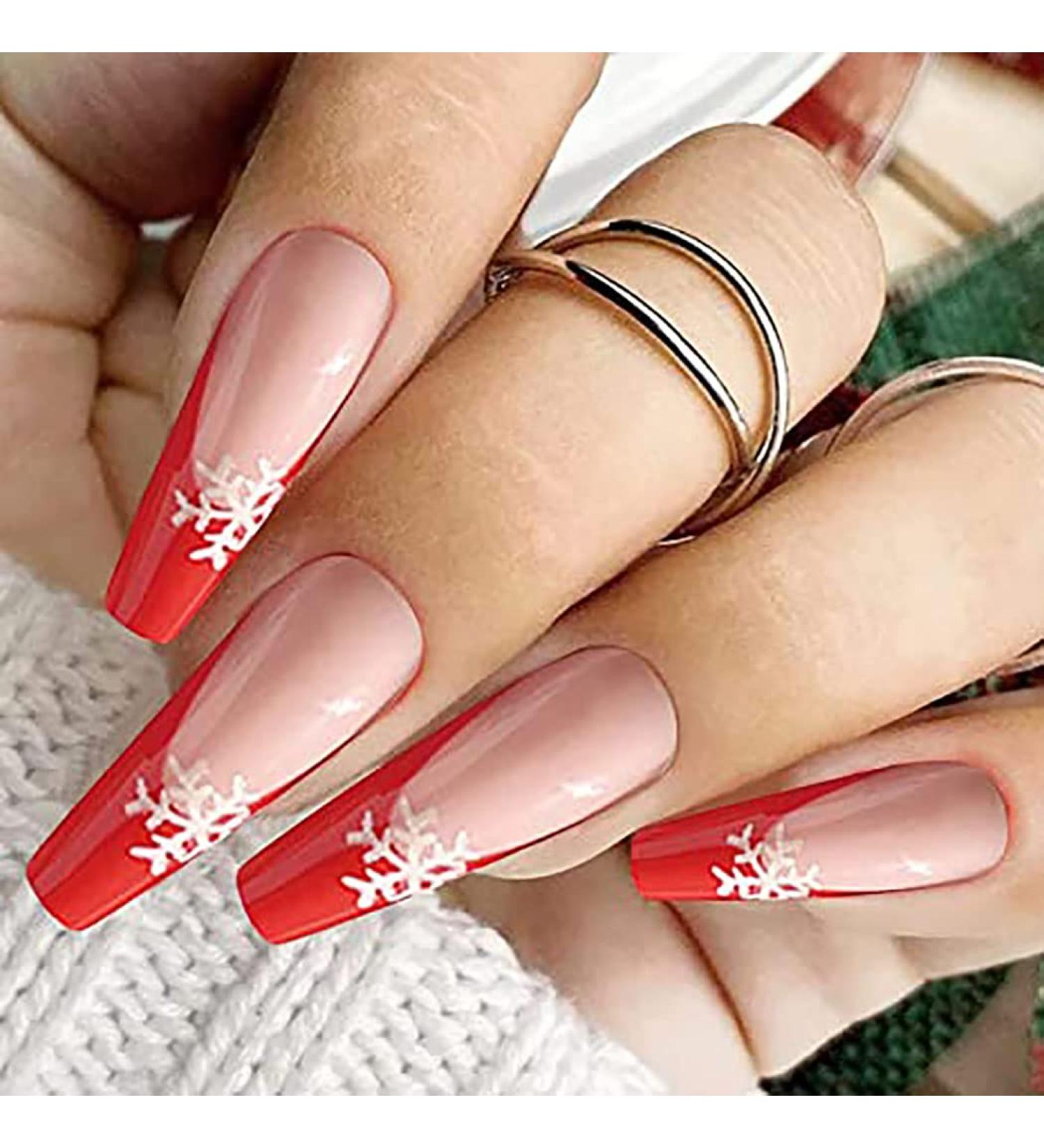 Vatocu Christmas False Nails - Long Xmas Press on Nails with Snowflakes Glitter - 24pcs Ballerina Acrylic Stick on Nails for Women and Girls - Buy Online on SooperMarket.com