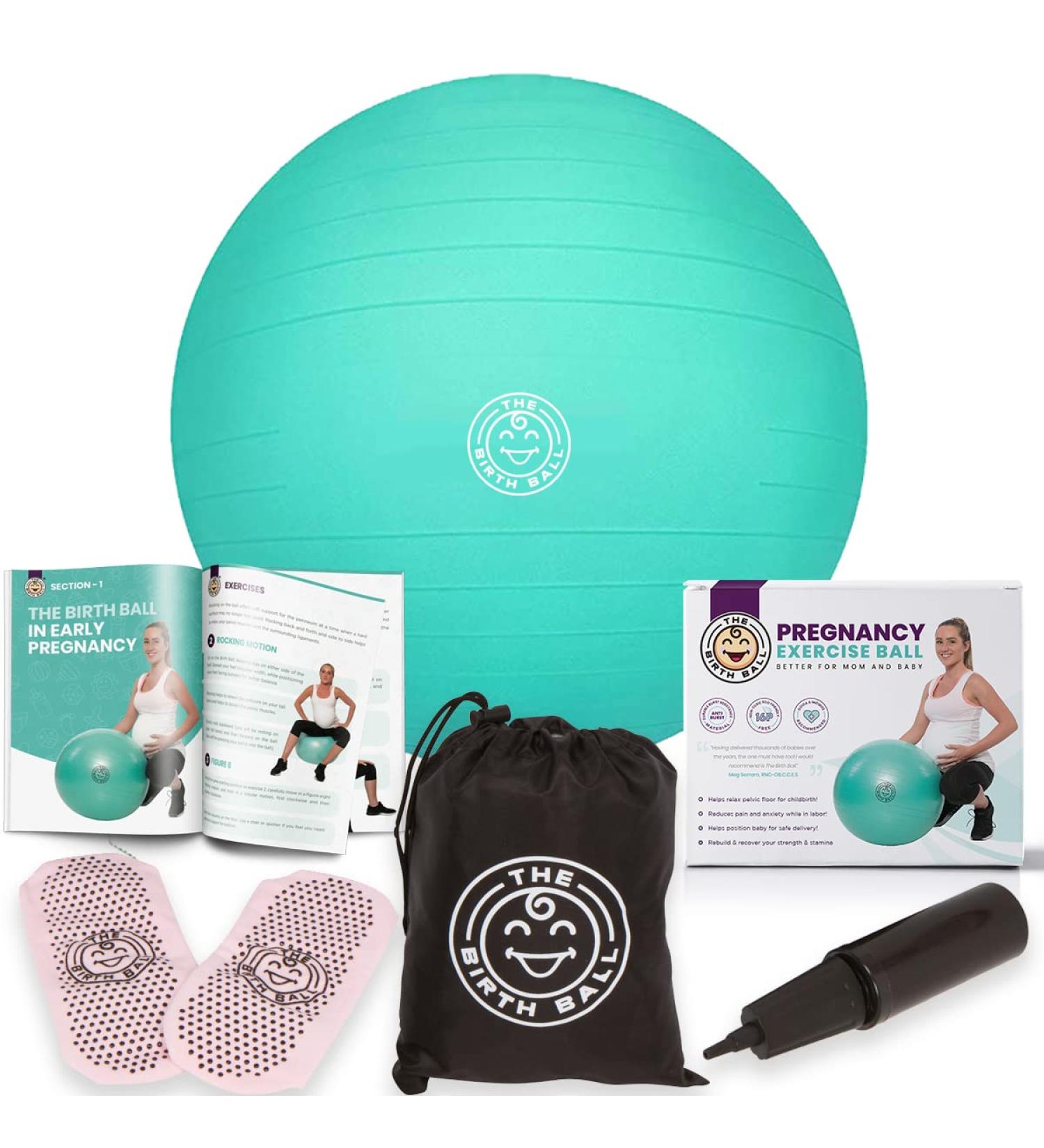 The Birth Ball - Birthing Ball for Pregnancy & Labor - 18 Page Pregnancy Ball Exercises Guide by Trimester - Non Slip Socks - How to Dilate  Induce  & Reposition Baby for Mom Mint Green 65 cm - Buy Online on SooperMarket.com