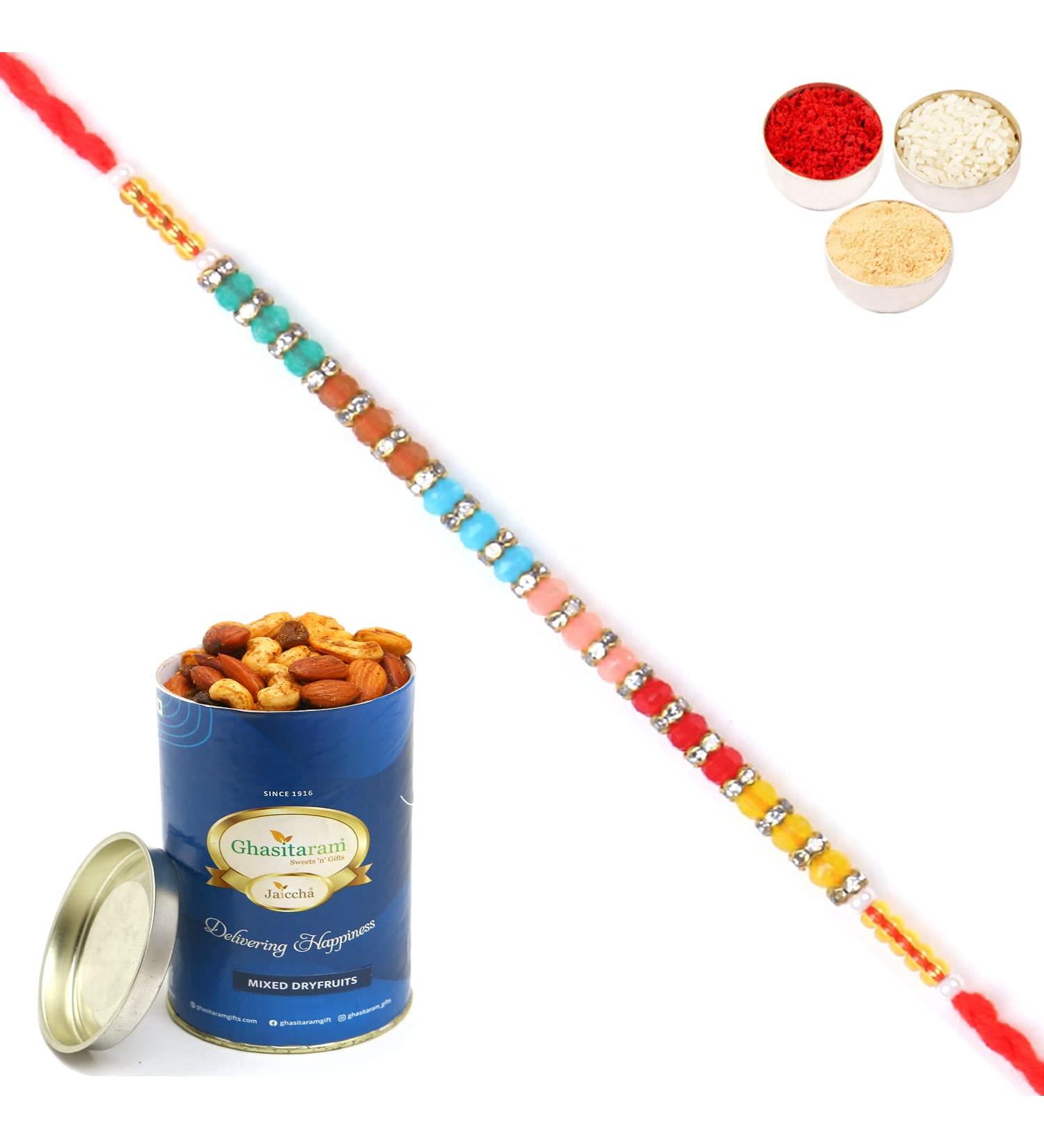 Ghasitaram Gifts Rakhi for Brother Rakhis Online - 6518 Fancy Thread Rakhi with 100 GMS of Dryfruits Mix Can - Buy Online on SooperMarket.com