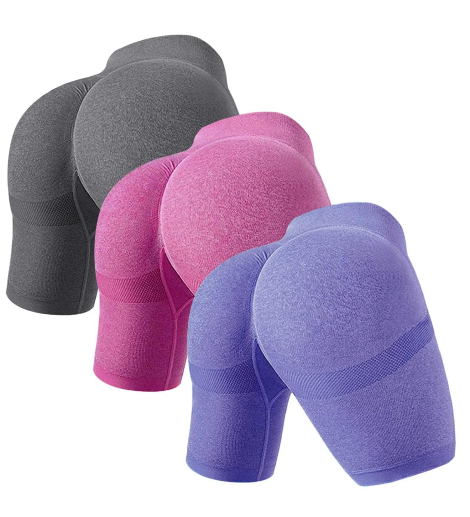 EUYZOU Women 3-Piece Butt Lifting Yoga Shorts Set - High Waist Tummy Control Gym Workout Seamless Booty Leggings | Grey/Purple/Rose Red | Medium - Buy Online on SooperMarket.com