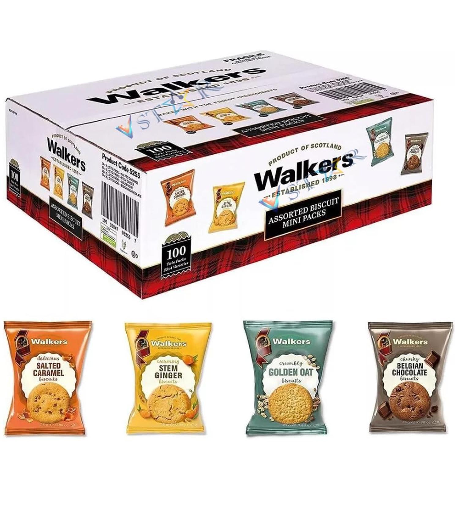 Walkers Assorted Twin Packs Golden Oat Belgian Chocolate Salted Caramel & Stem Ginger Biscuits Indulge in Biscuits Mini Packs 100 x 25g - Buy Online on SooperMarket.com