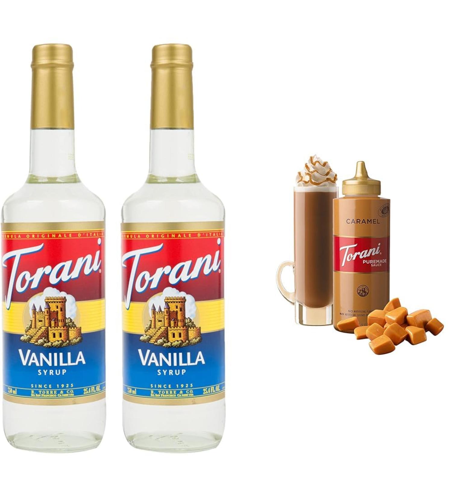 Torani Vanilla Flavour Syrup 750ml bottle 2 Pack Transparent & Caramel Squeeze Sauce 16.5 Fluid Ounce Syrup+ Squeeze Sauce Vanilla 750 ml (Pack of 2) - Buy Online on SooperMarket.com