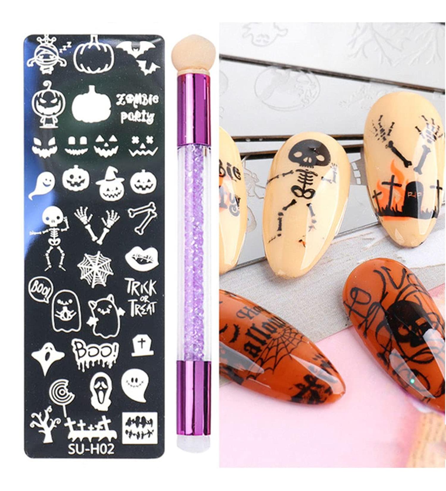 healthGUO Nail Art Stamping Plate Stamper Sponge Pen Halloween Pumpkin Bats Image Nail Polish Template Stamp Stencil Tools Kit 2 - Buy Online on SooperMarket.com