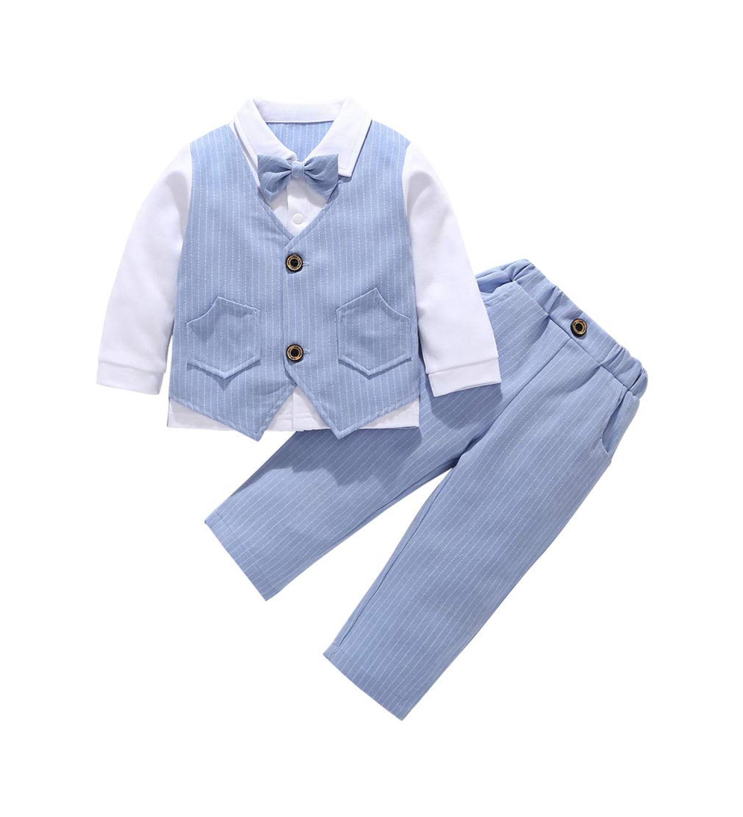 AmzBarley Baby Boys Gentleman Outfit Suit | Dress Shirt Pants Vest Bowtie Tuxedo Rompers | Blue | 1-2 Years - Buy Online on SooperMarket.com
