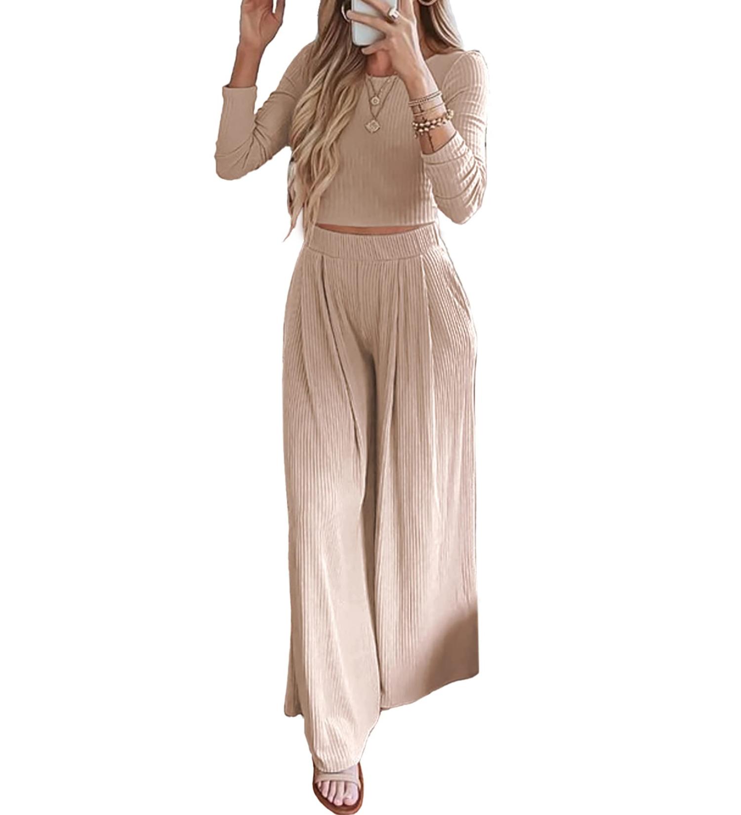 BTFBM Women's Ribbed Knit Lounge Set - Long Sleeve Crop Top & Wide Leg Pant in Solid Apricot | Size Large - Buy Online on SooperMarket.com
