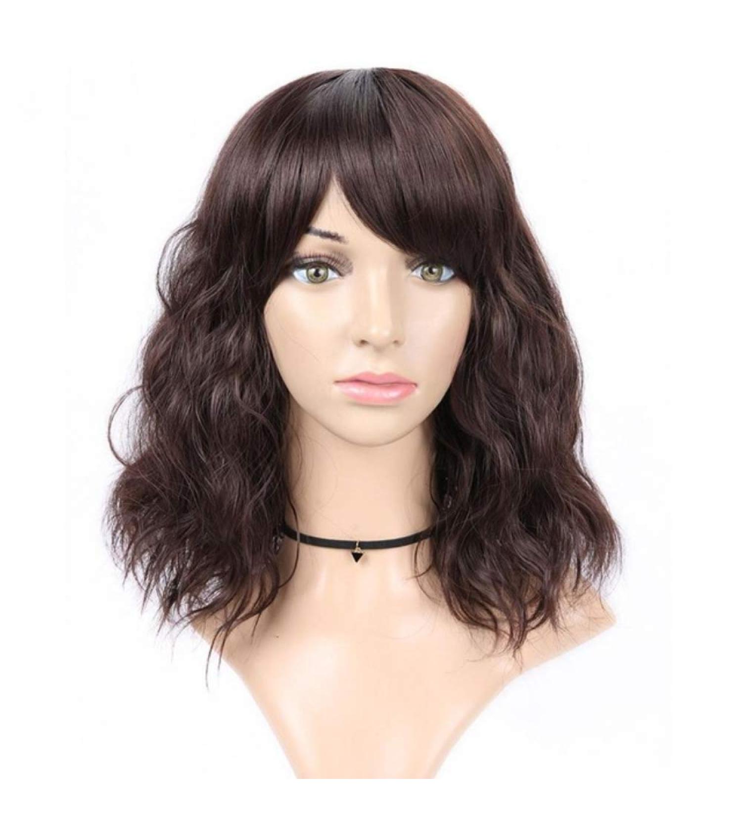 SHIYID No Lace Synthetic Wigs With Bangs For Women Short Natural Wave Hair High Temperature Heat Resistant Hair Wigs