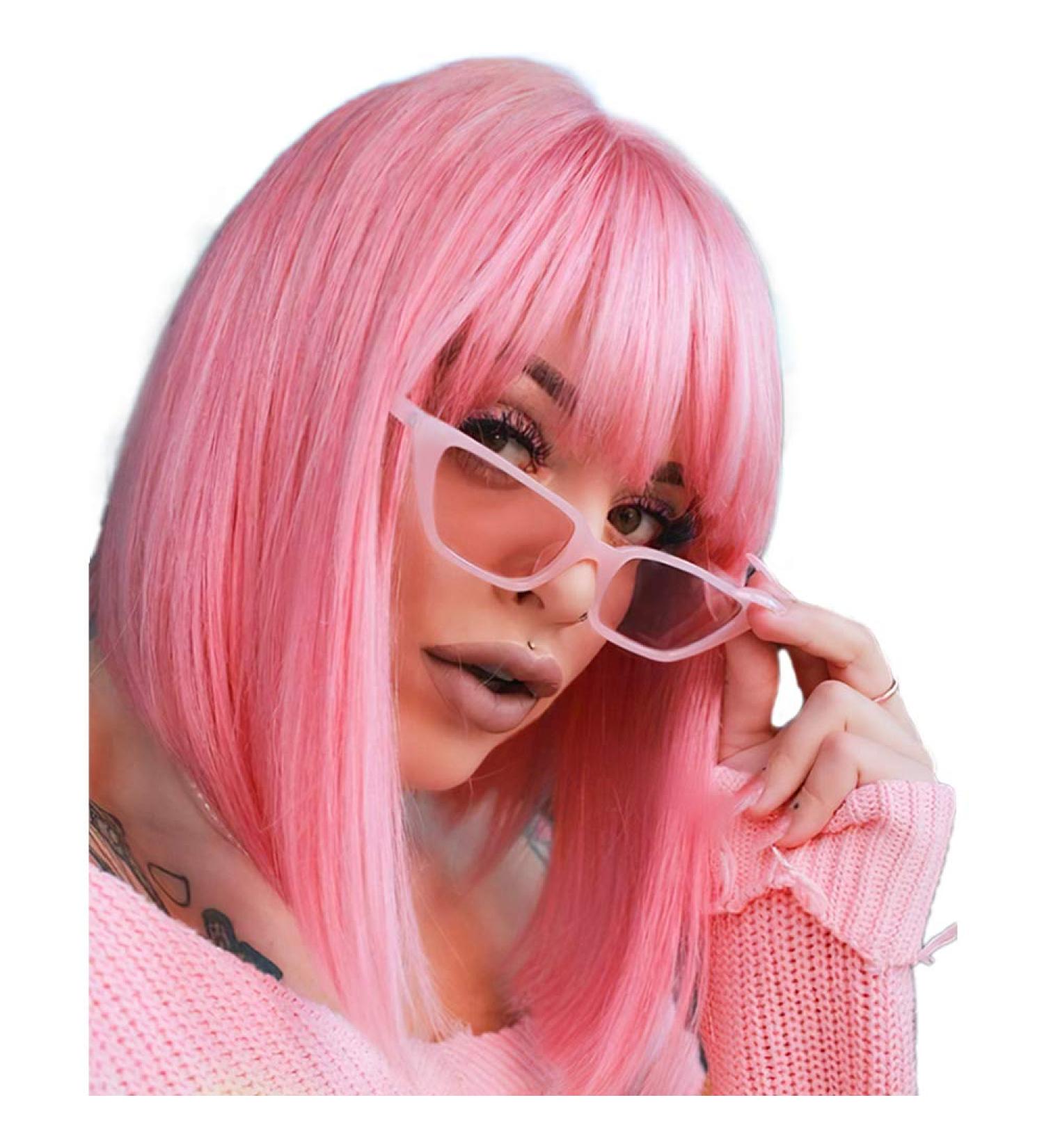 AISI BEAUTY 12 Inch Pink Bob Wig with Bangs - Short Straight Synthetic Cosplay Party Wig for Women - Buy Online on SooperMarket.com