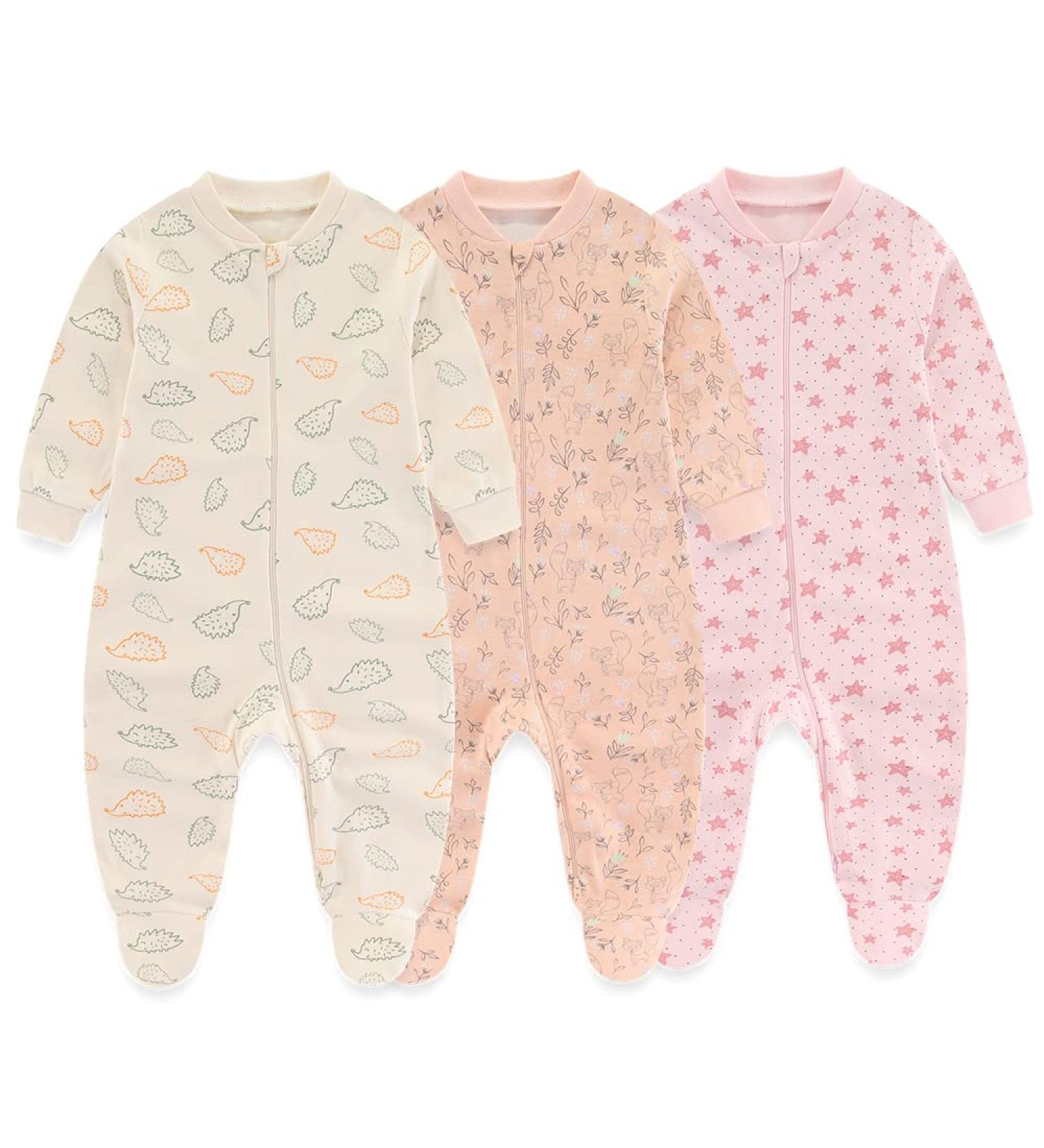 MAMIMAKA Baby Girls 6-9 Months Footed Pajamas - Hedgehog, Fox, Stars Design - Buy Online on SooperMarket.com