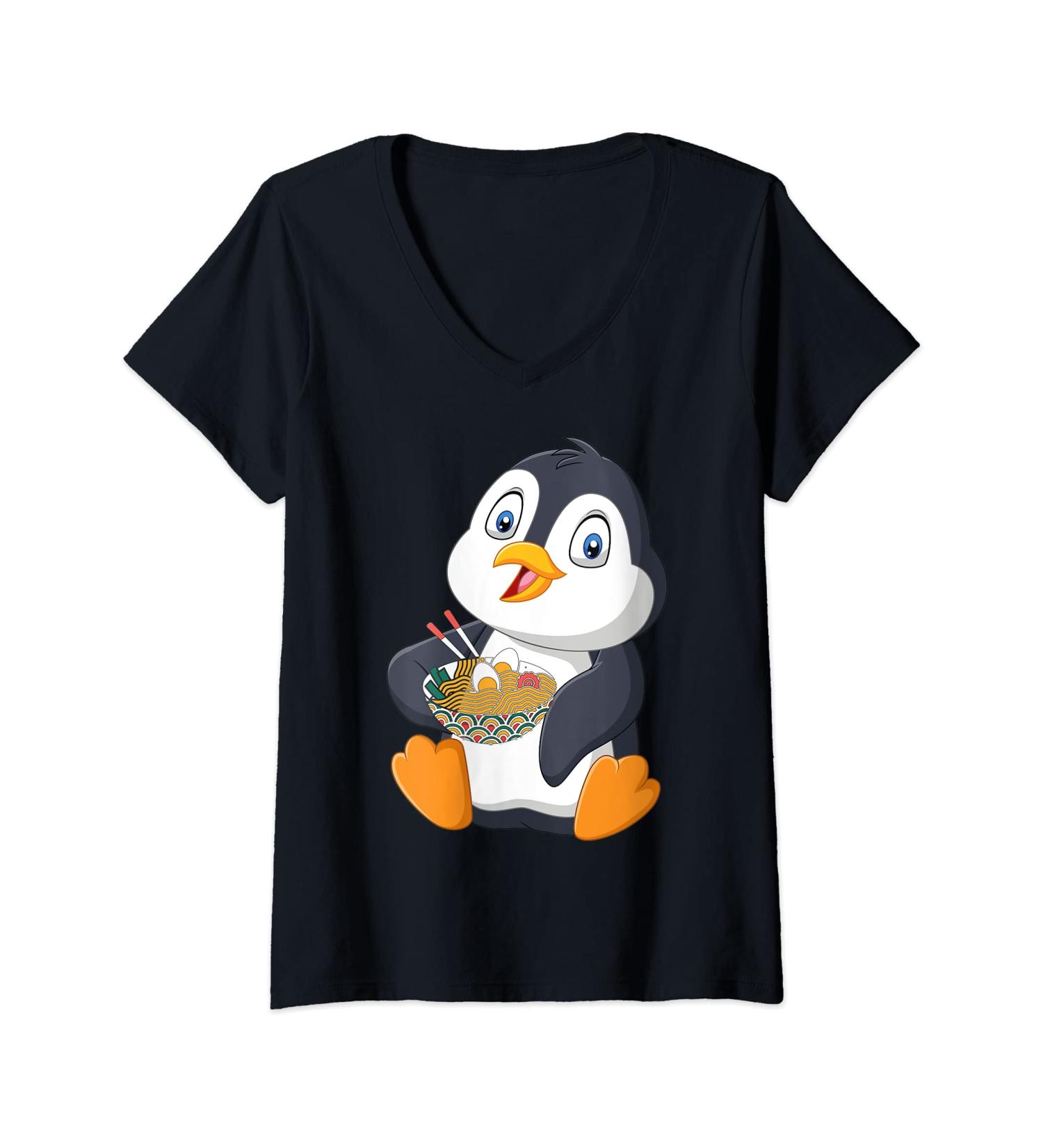 Womens Penguin eating a Japanese Ramen noodle soup V-Neck T-Shirt