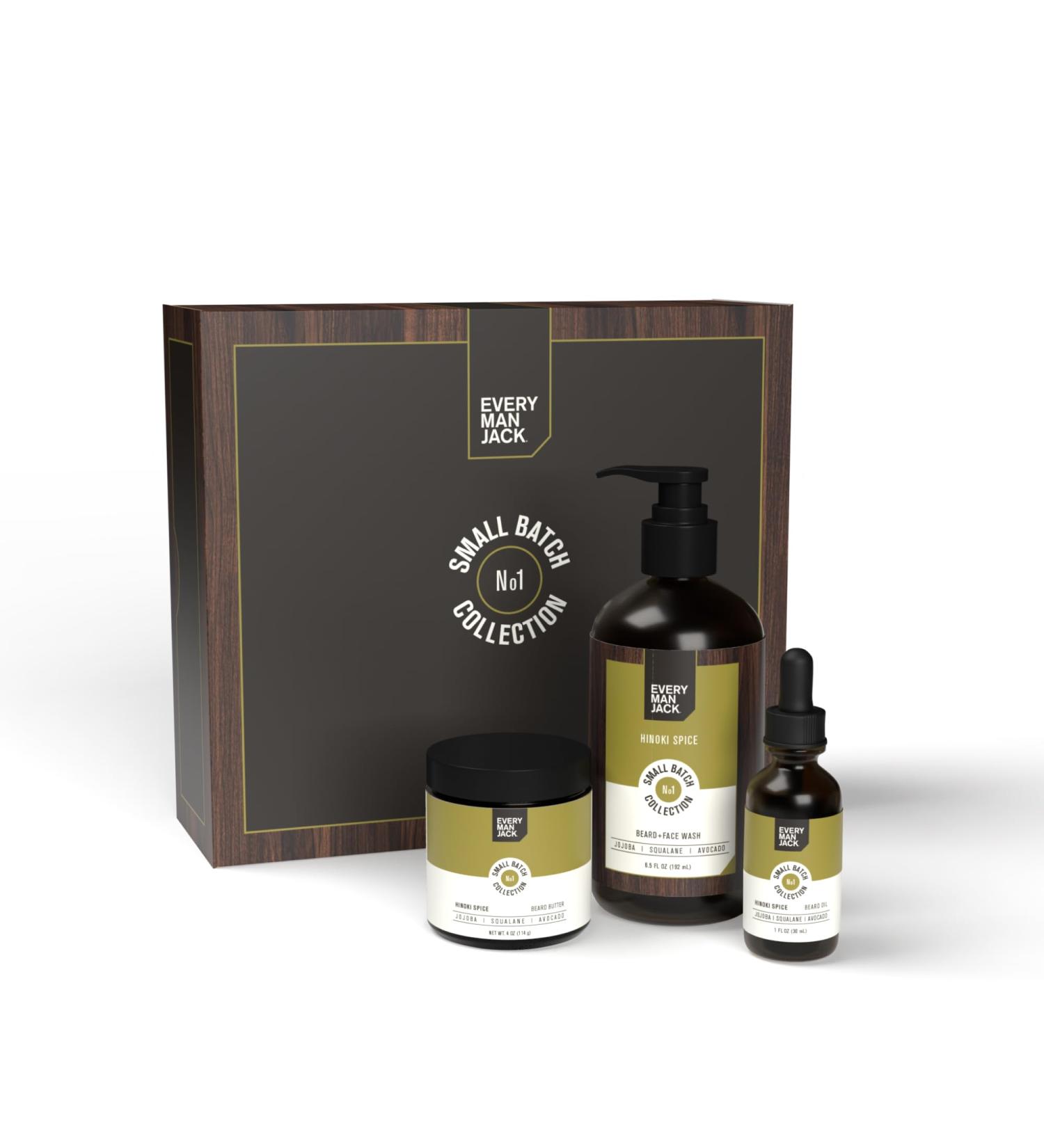 Every Man Jack Small Batch Beard Set | Hinoki Spice - Full-Sized Grooming Essentials for Men | Beard Wash Hydrating Oil & Beard Butter - Buy Online on SooperMarket.com