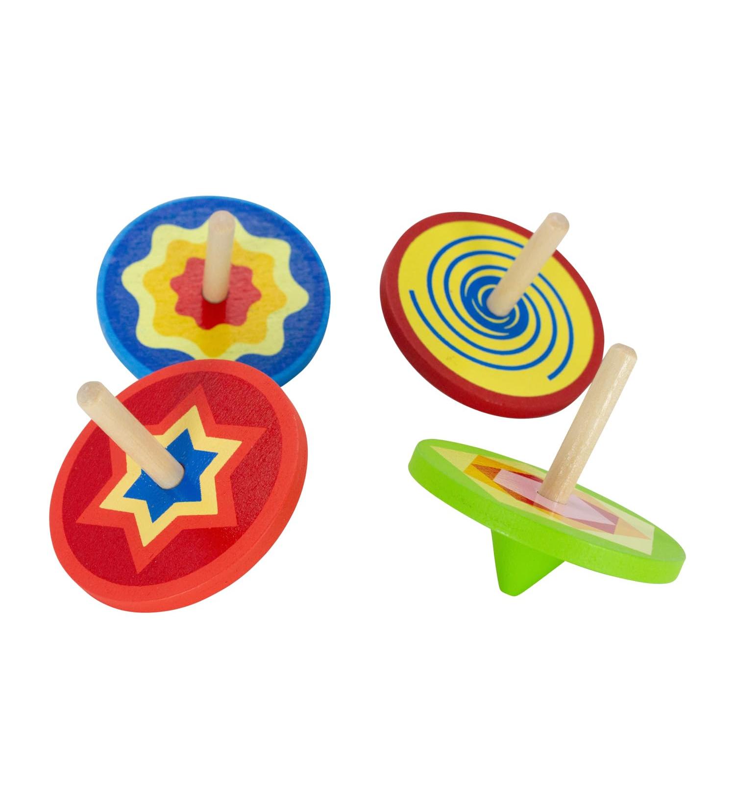 GICO Wood - Colorful wooden spinning tops - Children's wooden spinning top set with 4 colorful spinning tops H 5.5cm D 5.5 cm - 6468
