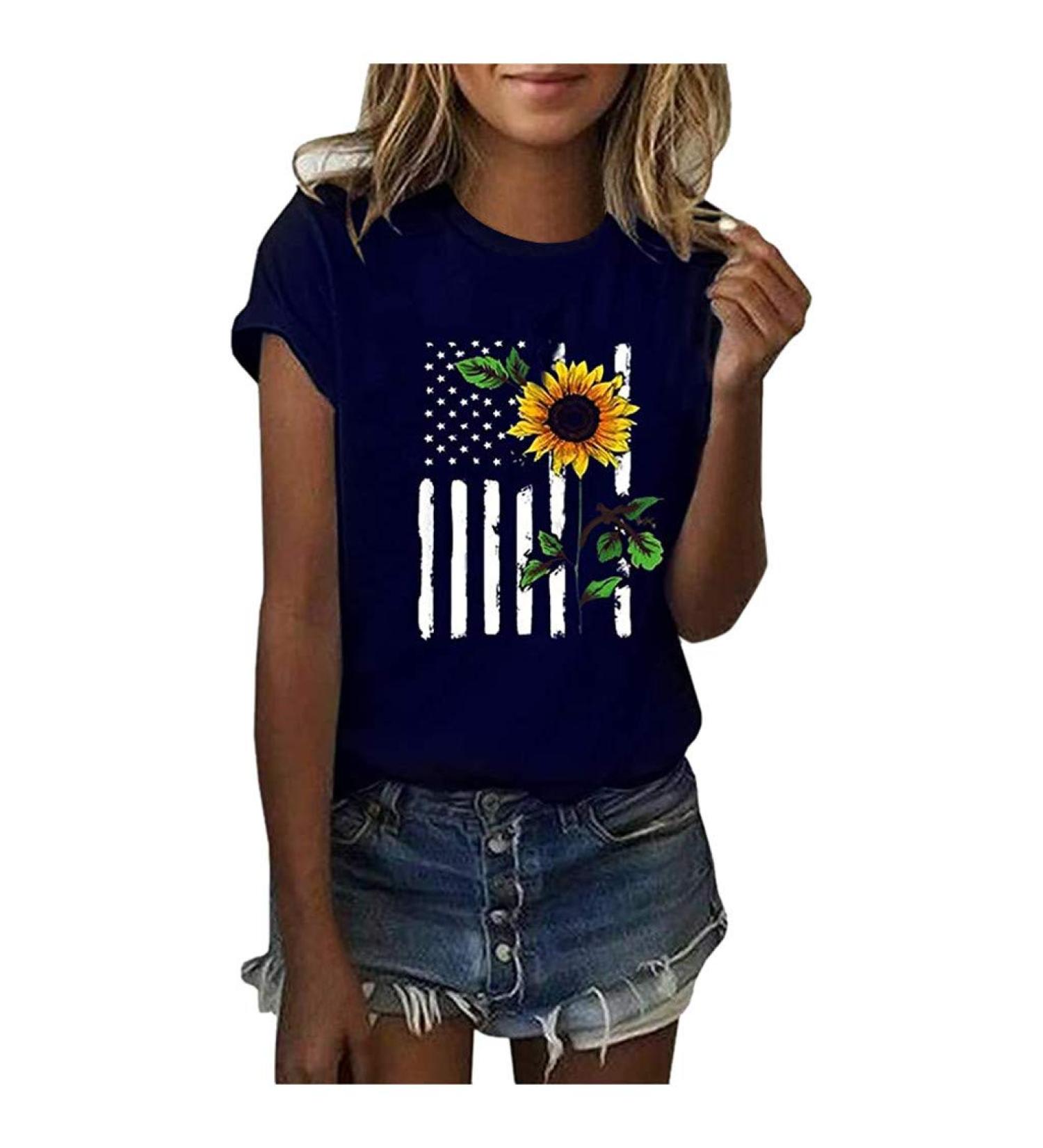 Women's Sunflower Graphic T-Shirt | Plus Size Loose Fit Blouse | Short Sleeve Casual Tee | Workout Shirt - Blue, X-Large - Buy Online on SooperMarket.com