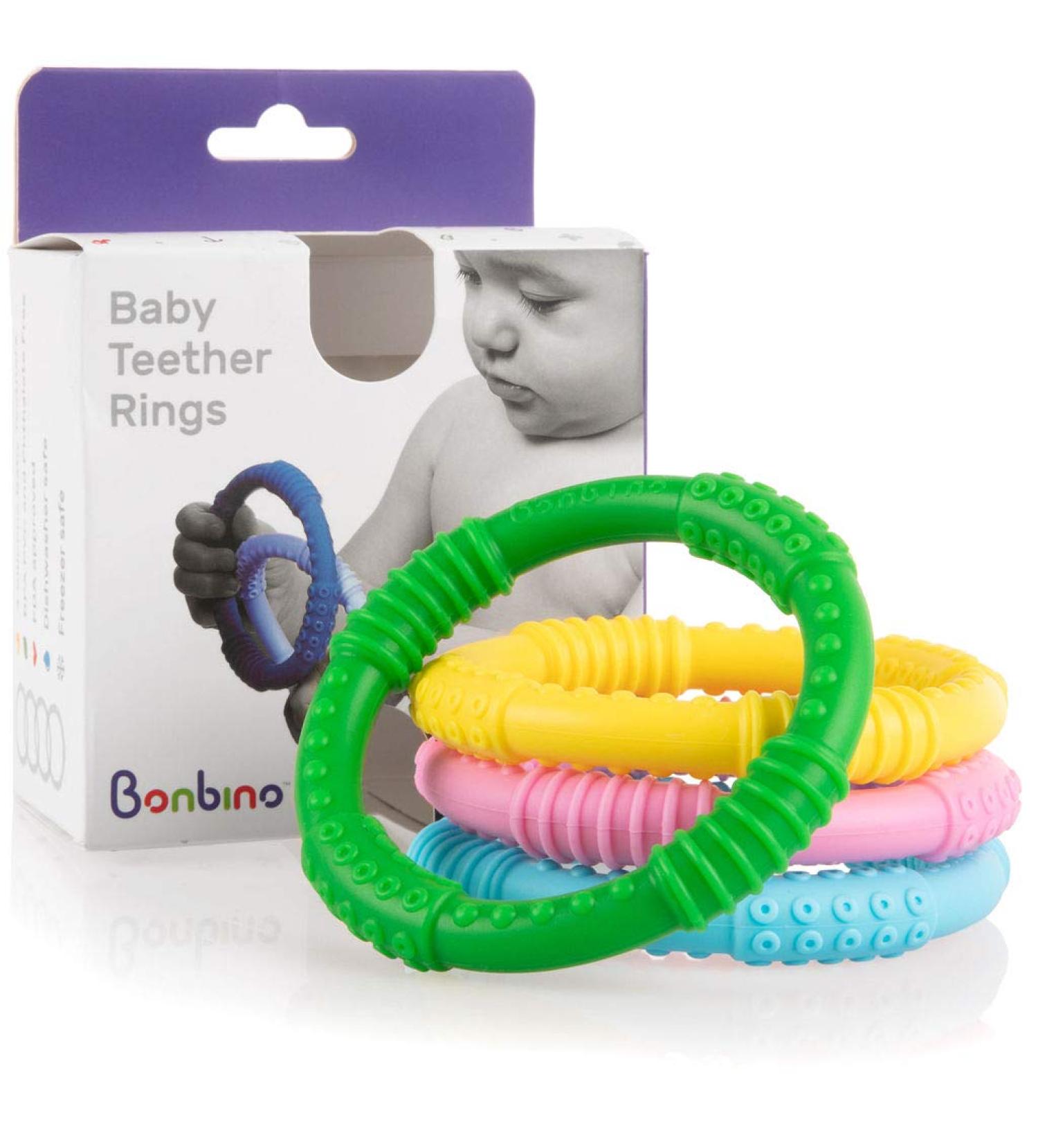 Bonbino Teether Rings - 4 Pack Silicone Sensory Teething Rings for Soothing Baby Gum Pain - Multicolor Unisex - Buy Online on SooperMarket.com